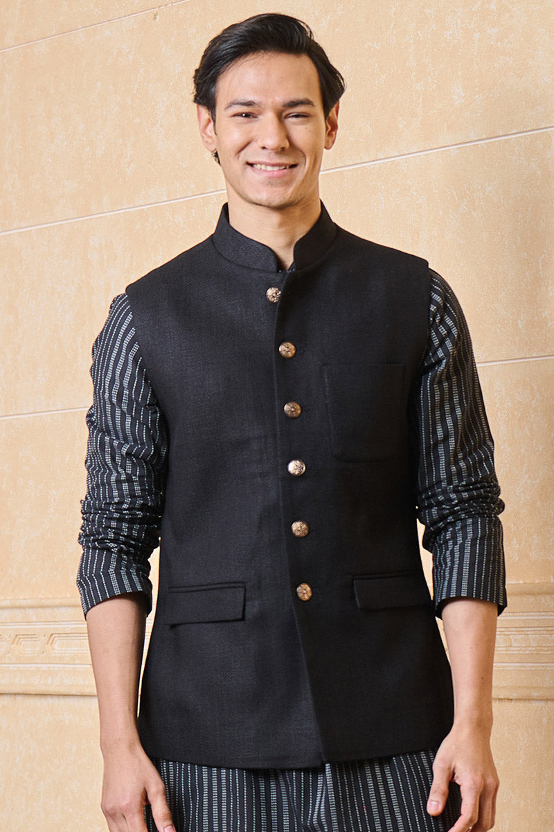 Solid Black Cotton Bundi