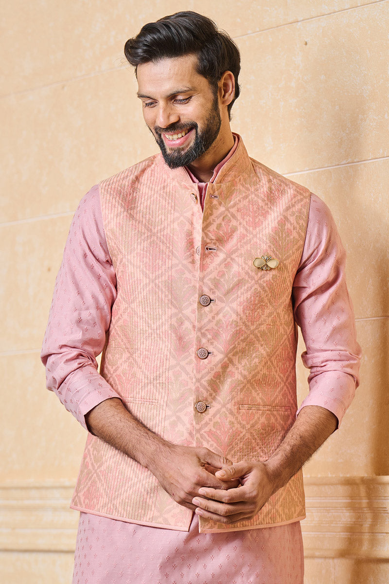 Pink Printed Bundi With Texturing