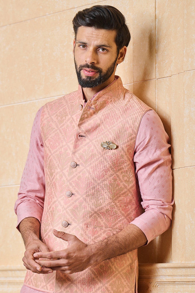 Pink Printed Bundi With Texturing