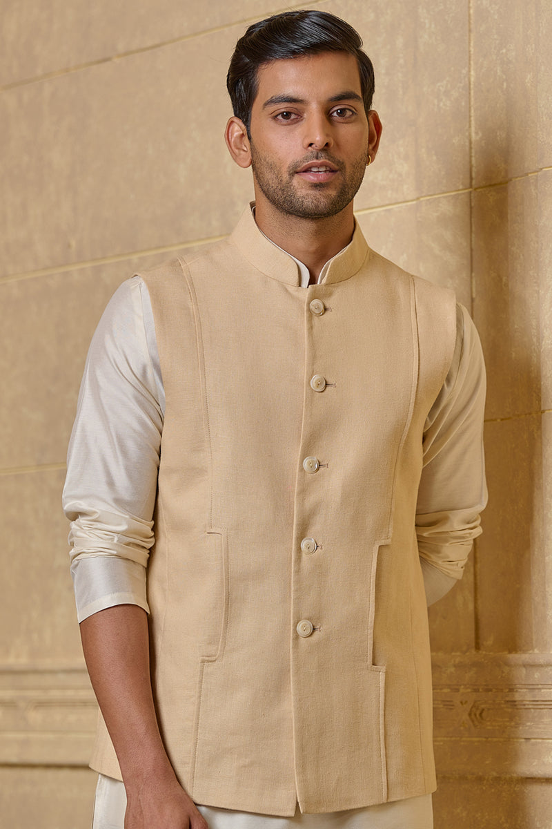 Cream Linen Bundi With Inseam Pocket Detail