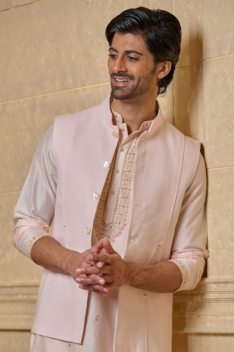 Peach Linen Bundi With Inseam Pocket Detail