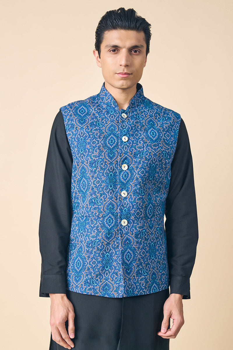 Blue Printed Cotton Khadi Bundi