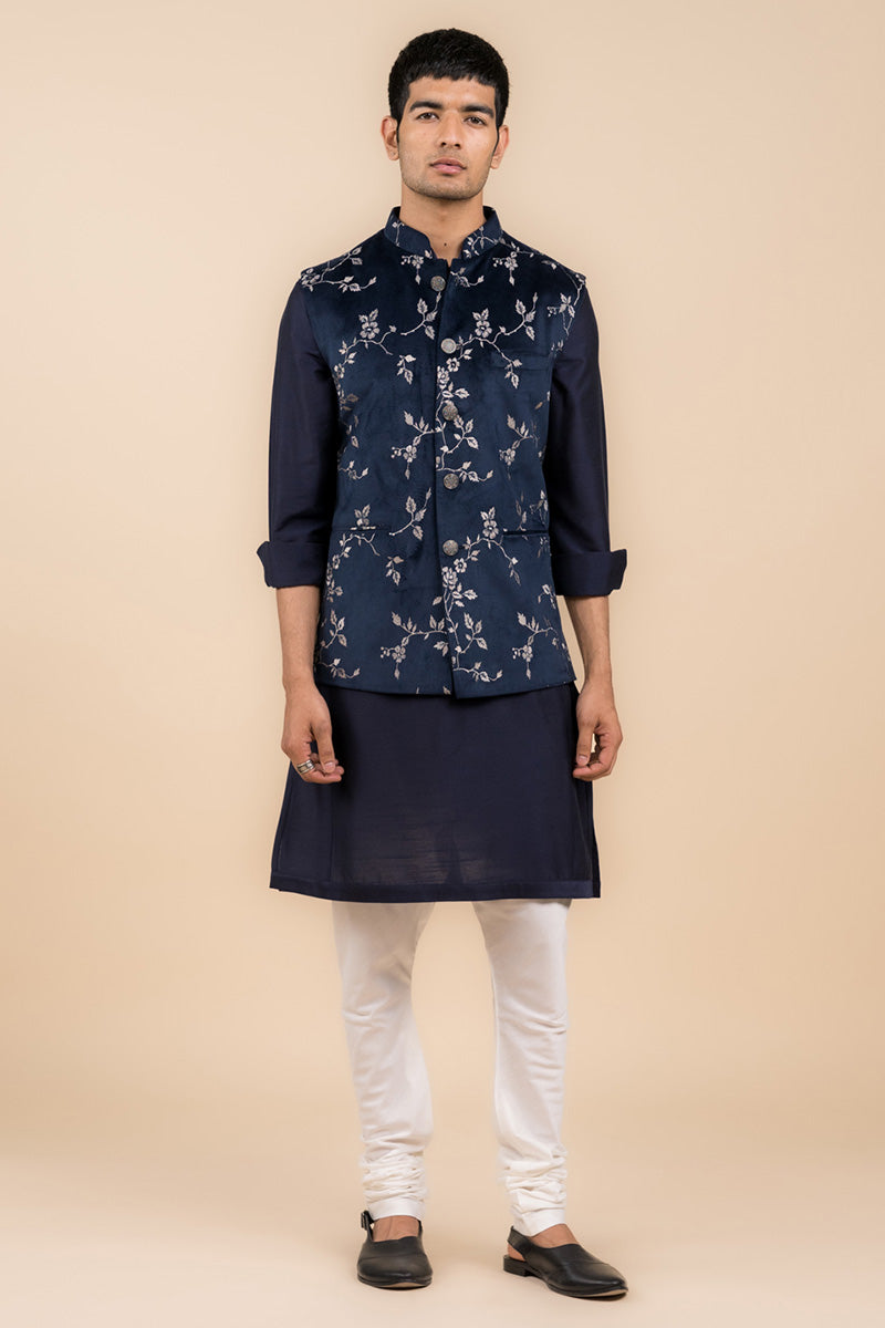 Navy Floral Embroidered Velvet Bundi