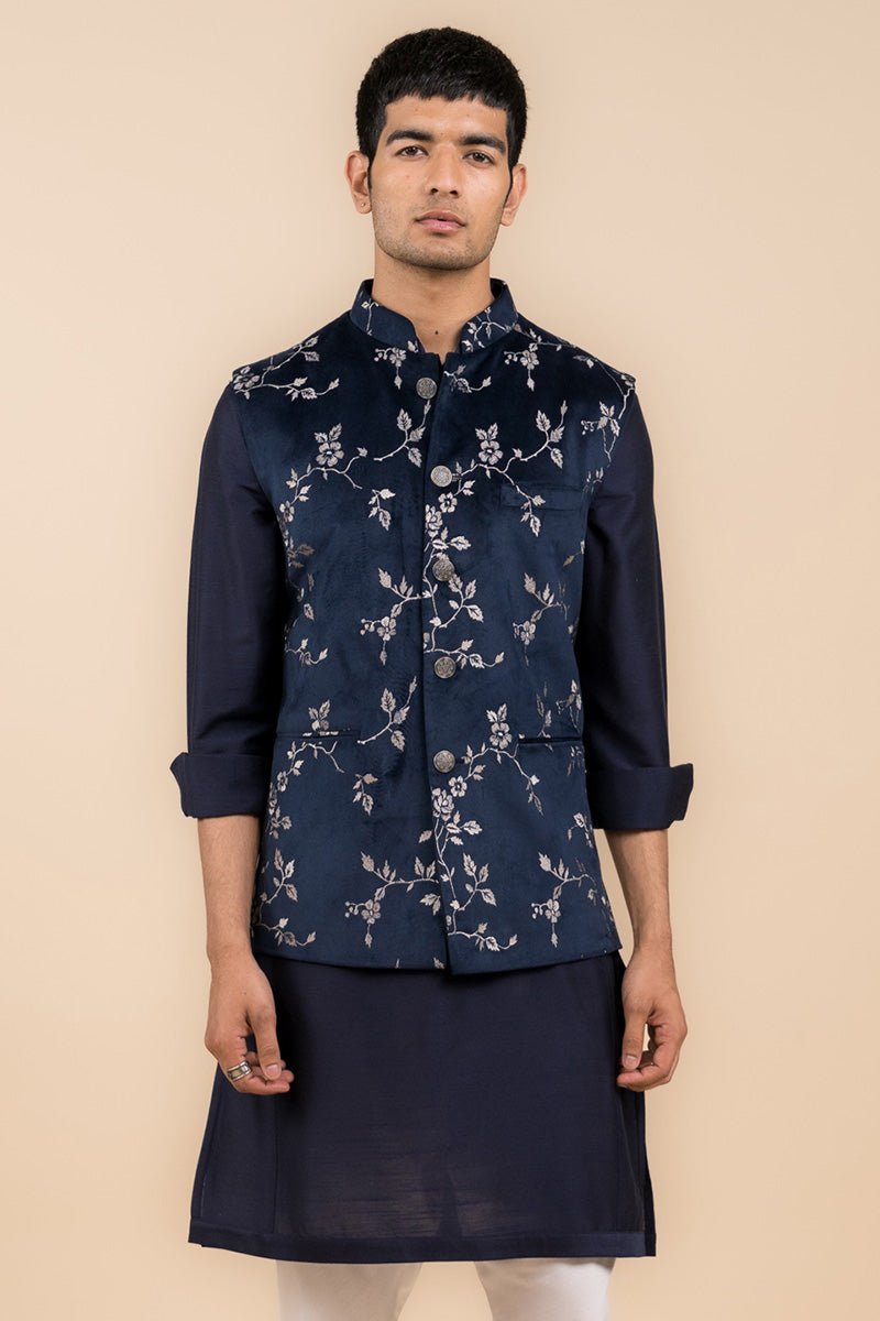 Navy Floral Embroidered Velvet Bundi