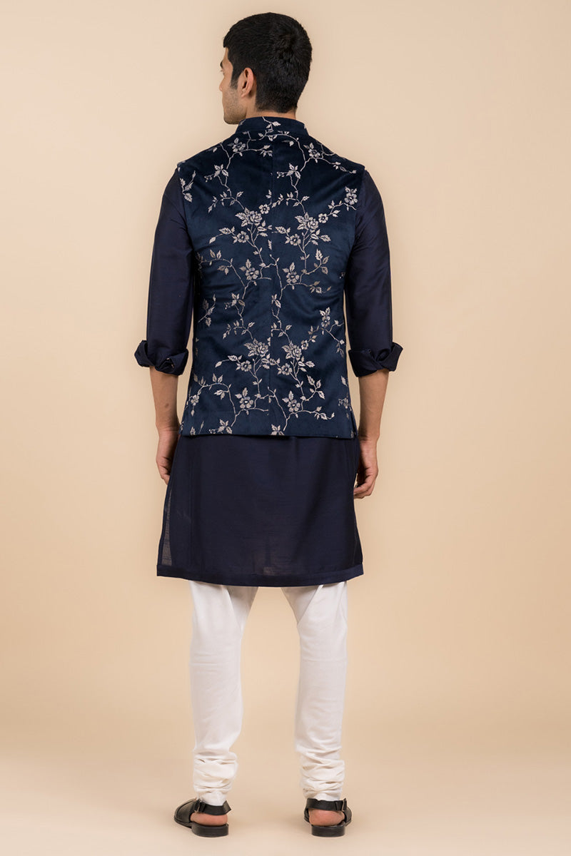 Navy Floral Embroidered Velvet Bundi