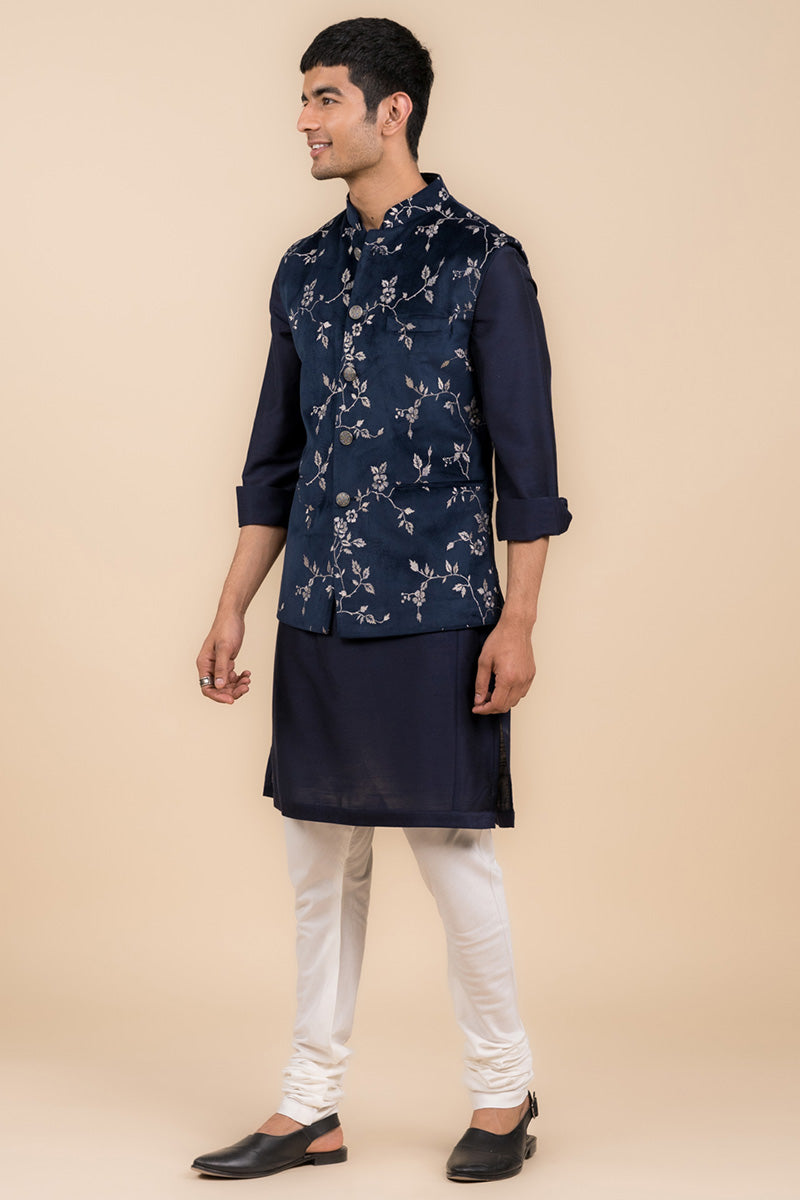 Navy Floral Embroidered Velvet Bundi