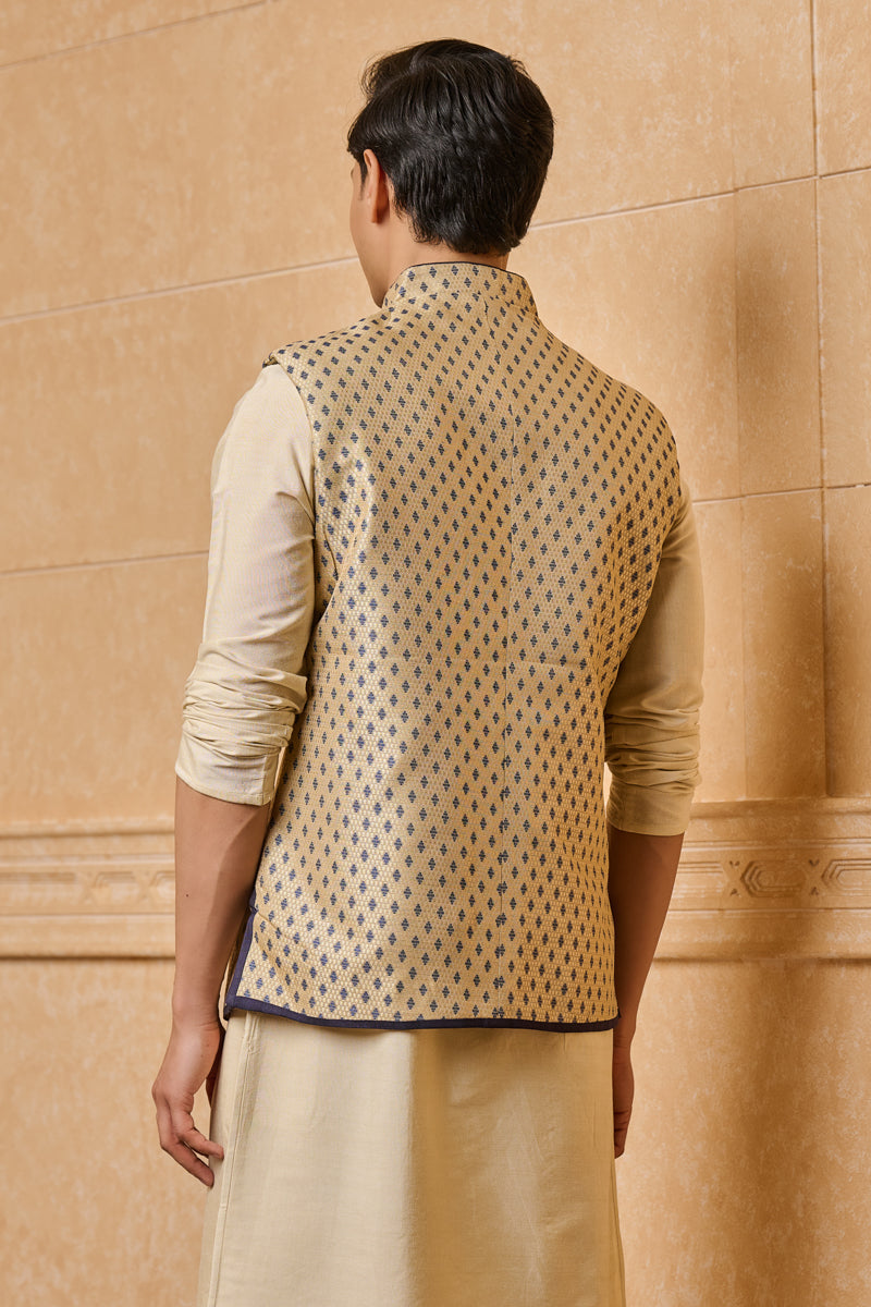 Gold Jacquard Bundi with Top Stitch Detailing