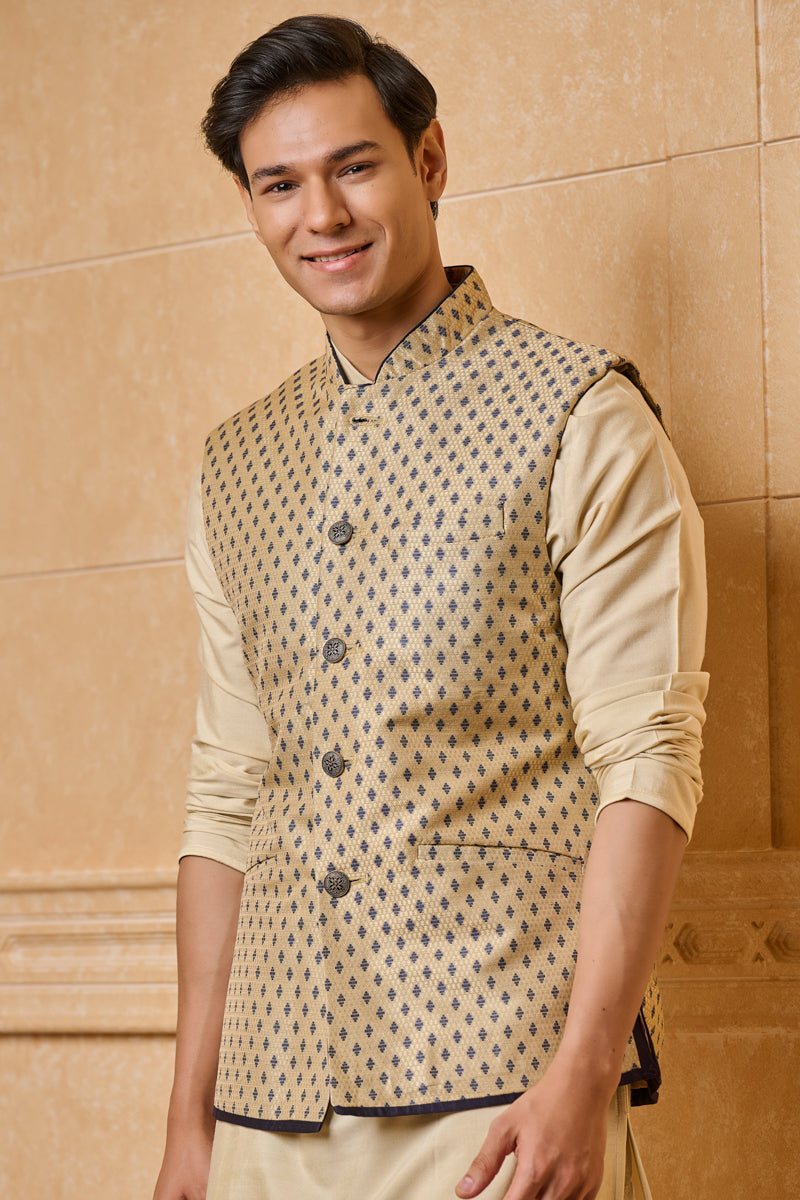 Gold Jacquard Bundi with Top Stitch Detailing