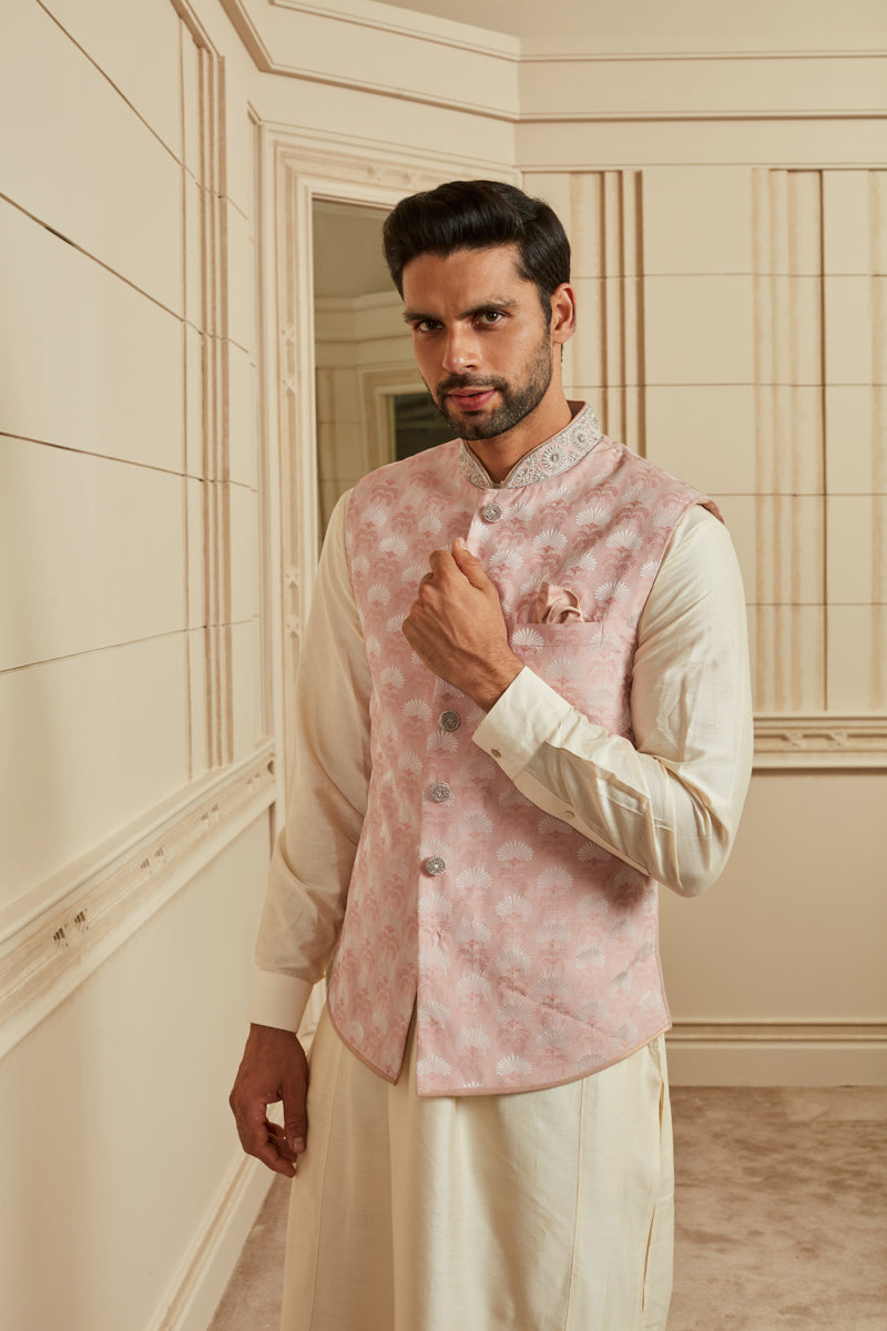 Pink Jacquard Embroidered Bundi