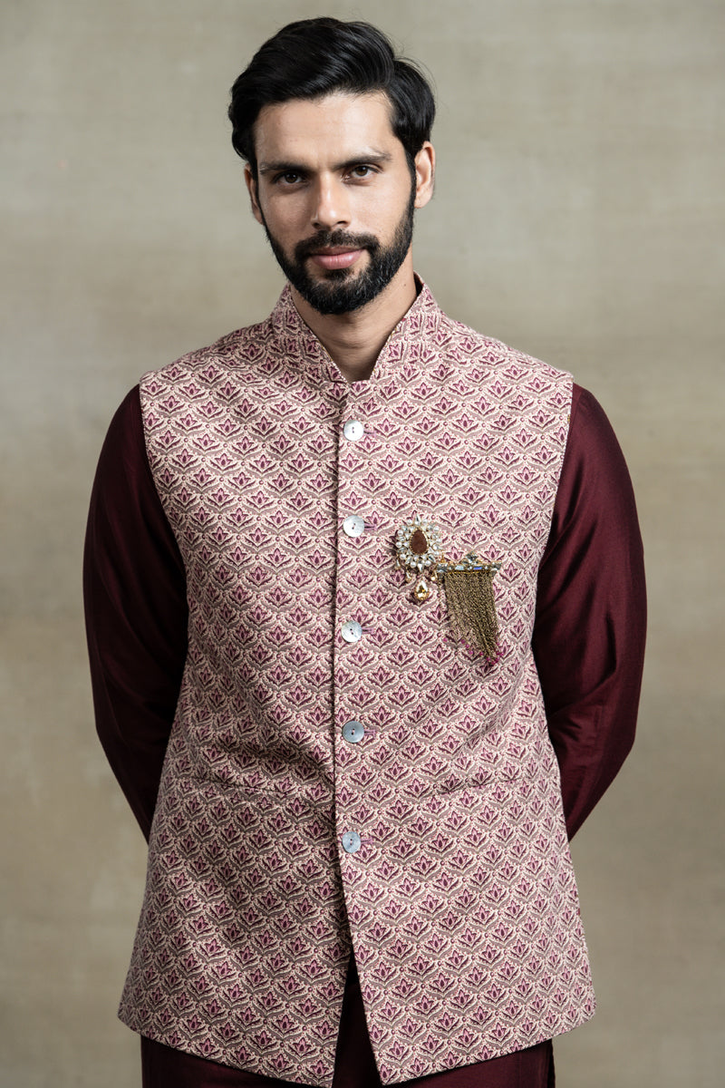 Maroon All Over Printed Cotton Bundi