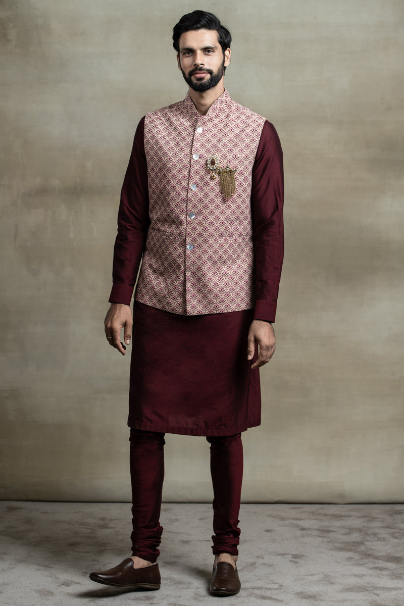 Maroon All Over Printed Cotton Bundi