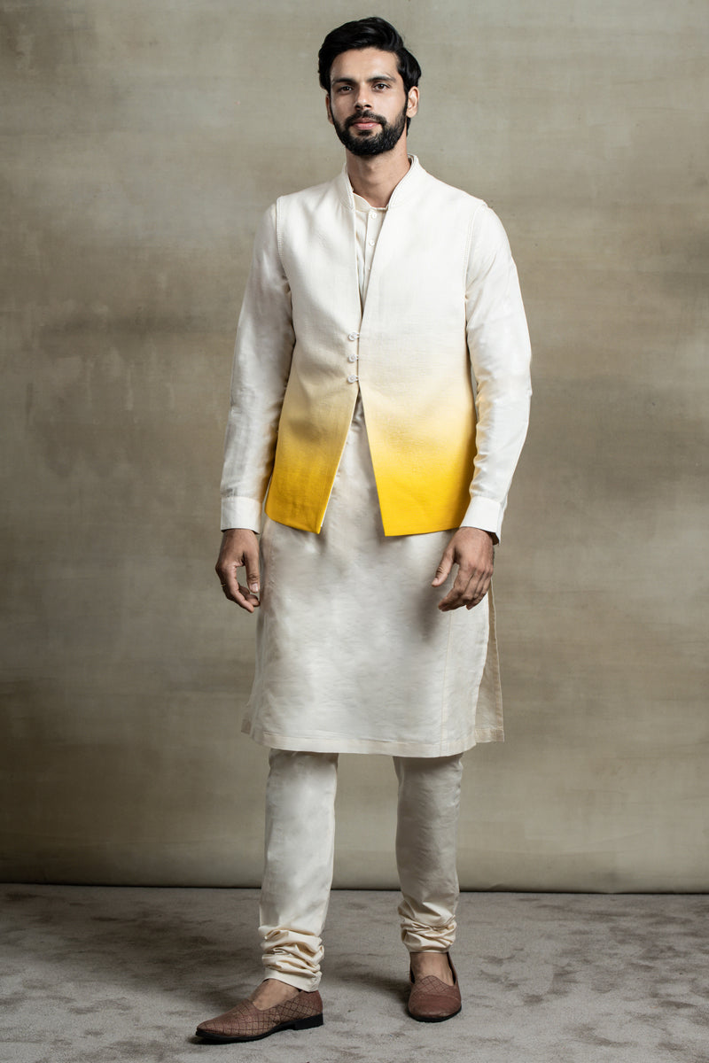 Yellow Ombre Linen Bundi With Pearl Embroidery