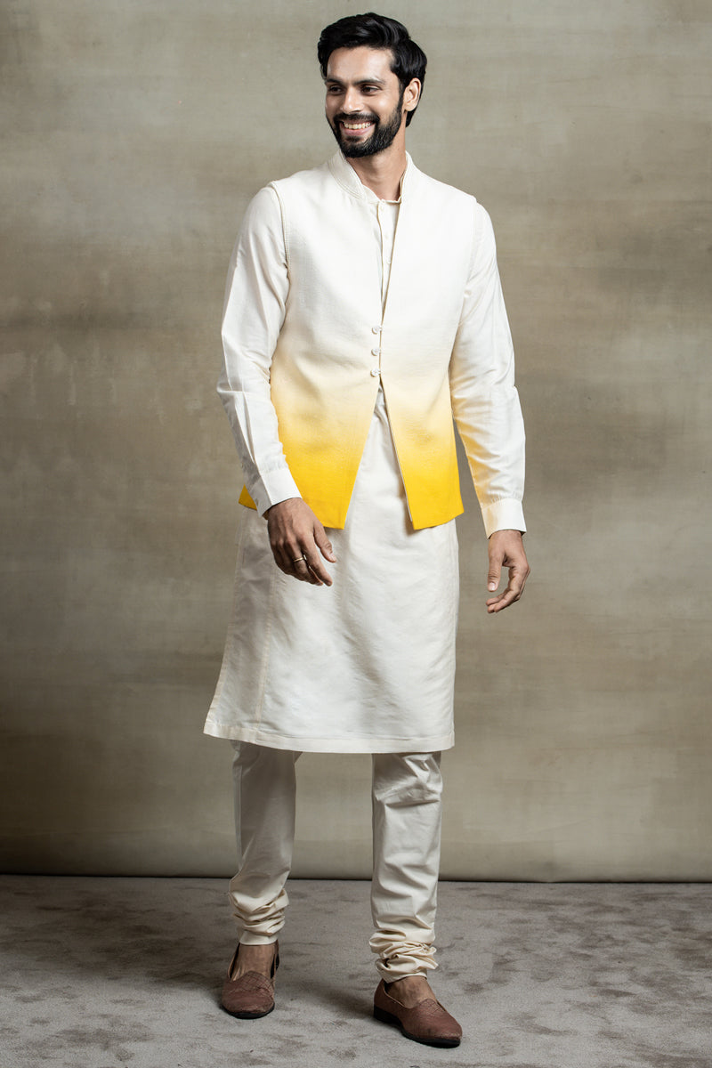 Yellow Ombre Linen Bundi With Pearl Embroidery