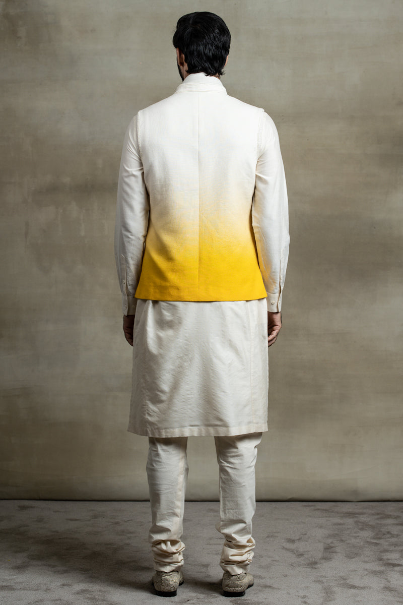 Yellow Ombre Linen Bundi With Pearl Embroidery