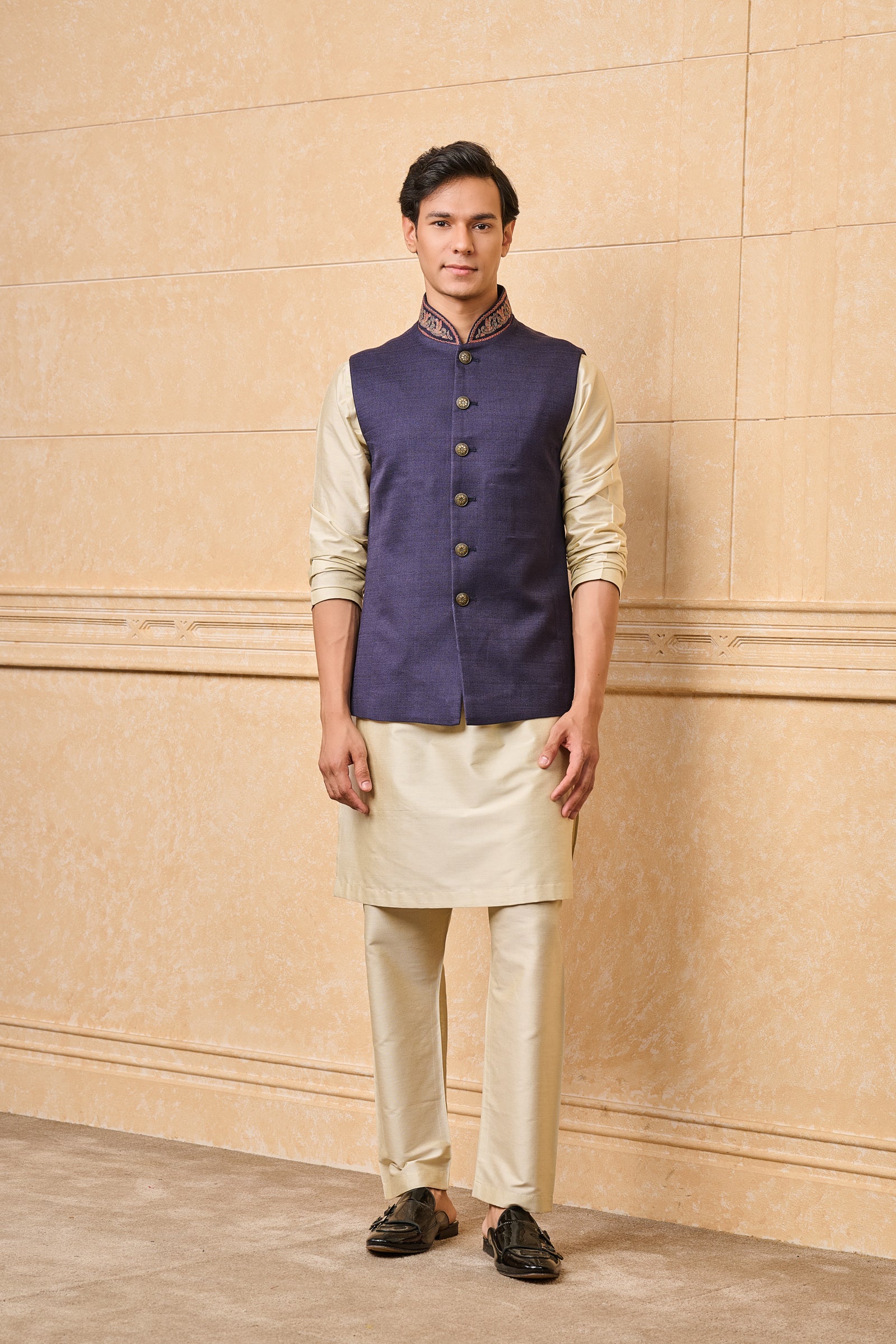 Navy Cotton Bundi With Embroidered Collar