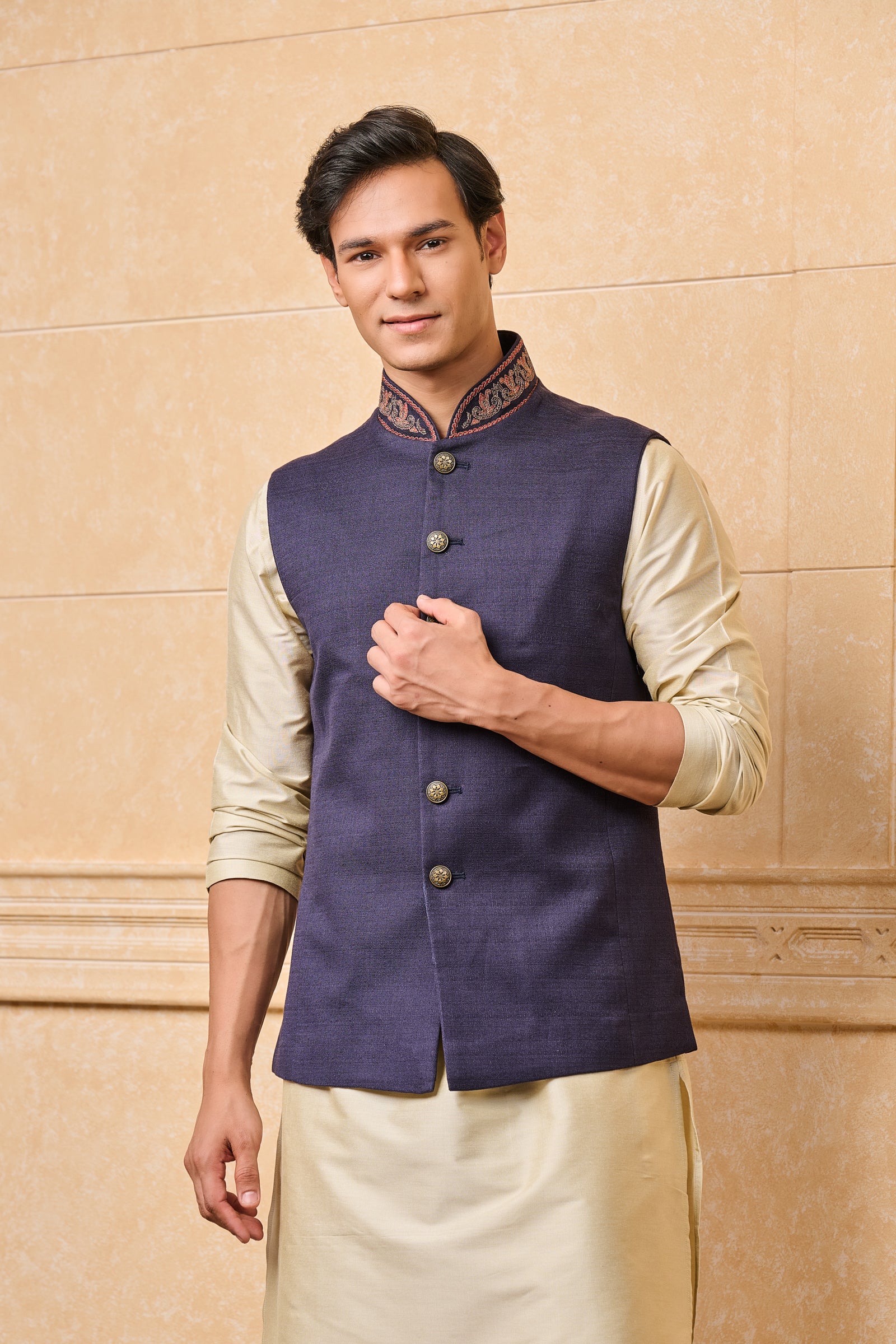 Navy Cotton Bundi With Embroidered Collar