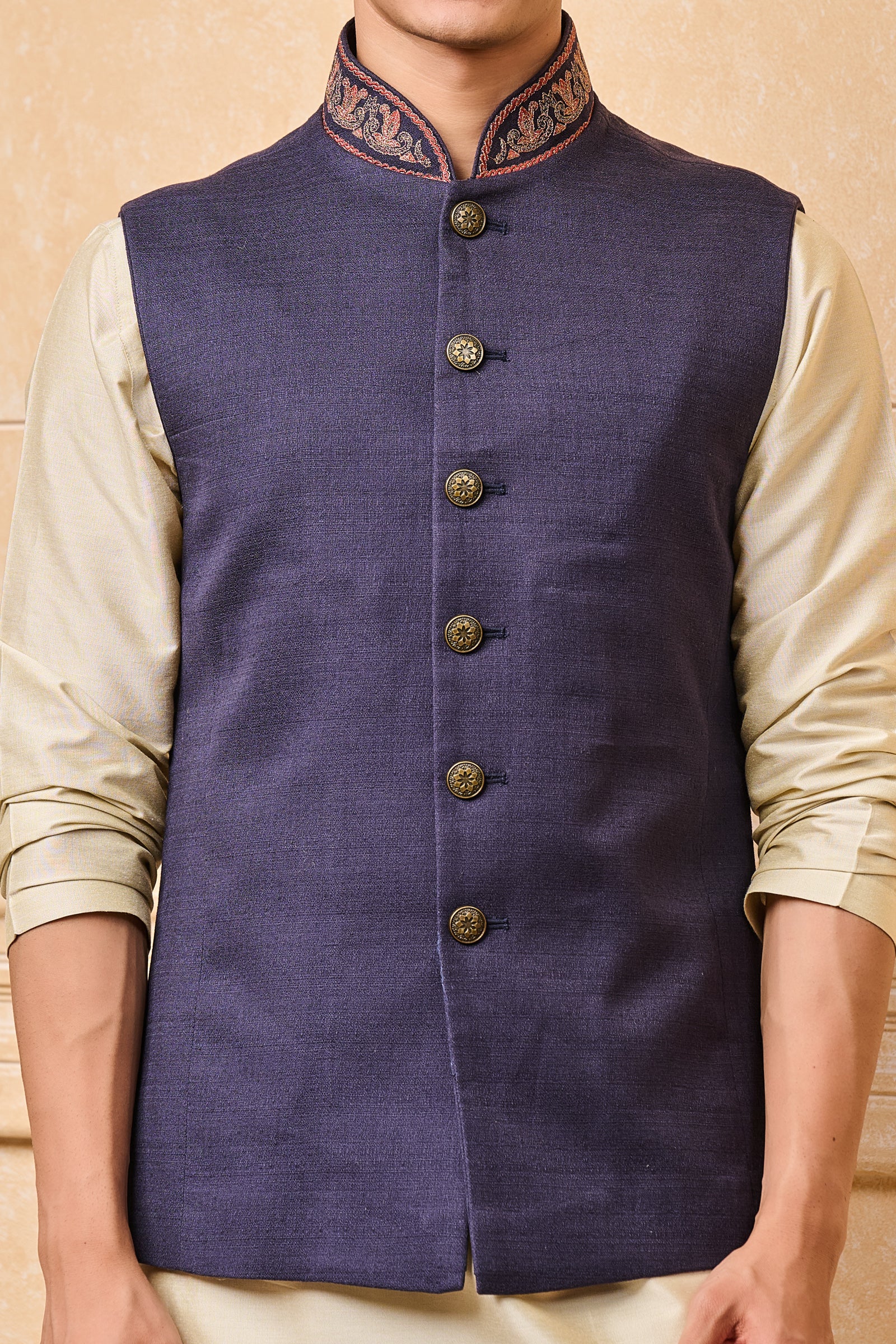 Navy Cotton Bundi With Embroidered Collar