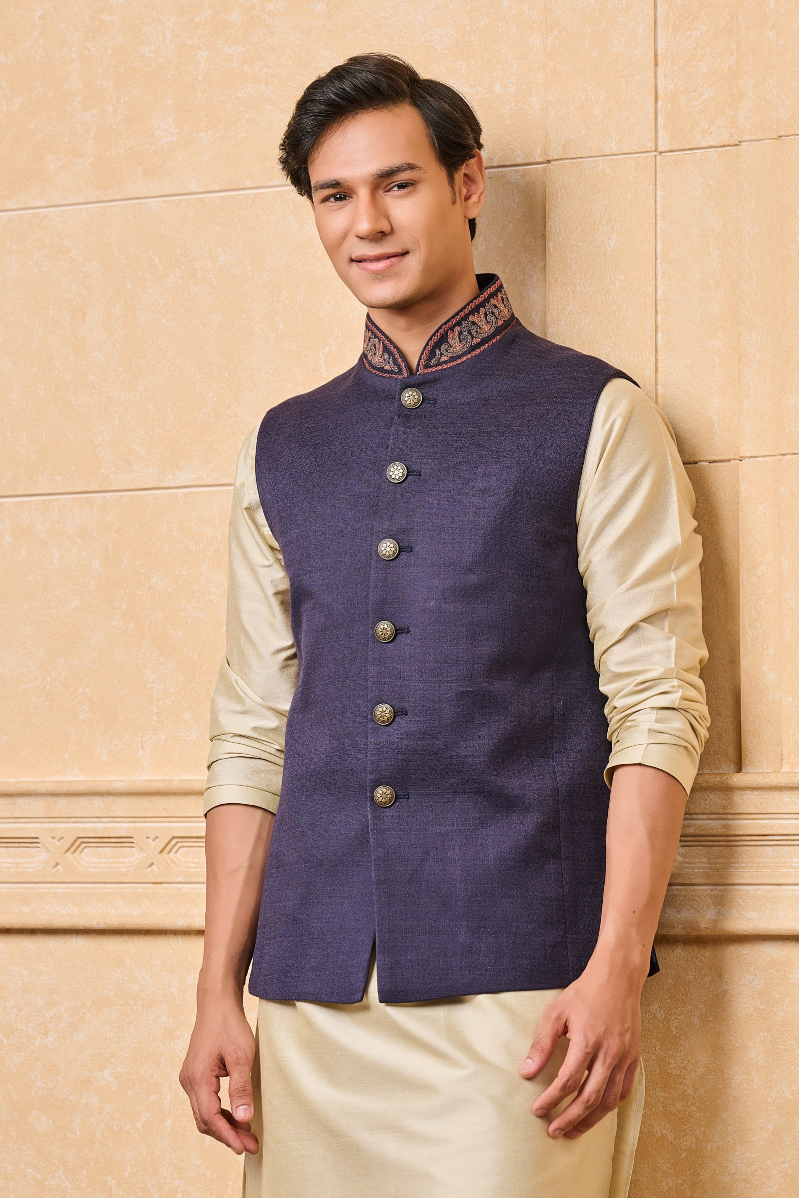 Navy Cotton Bundi With Embroidered Collar