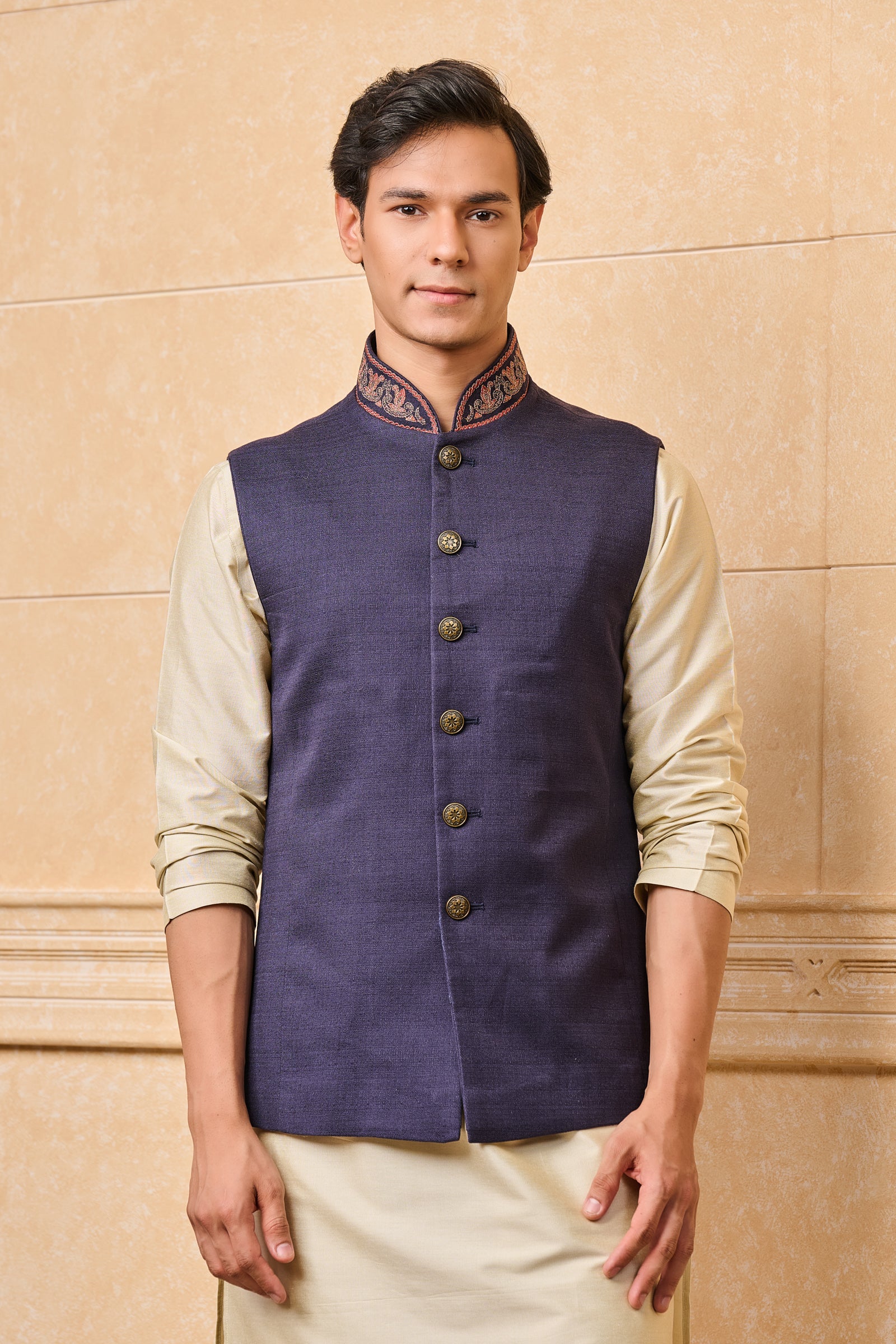 Navy Cotton Bundi With Embroidered Collar