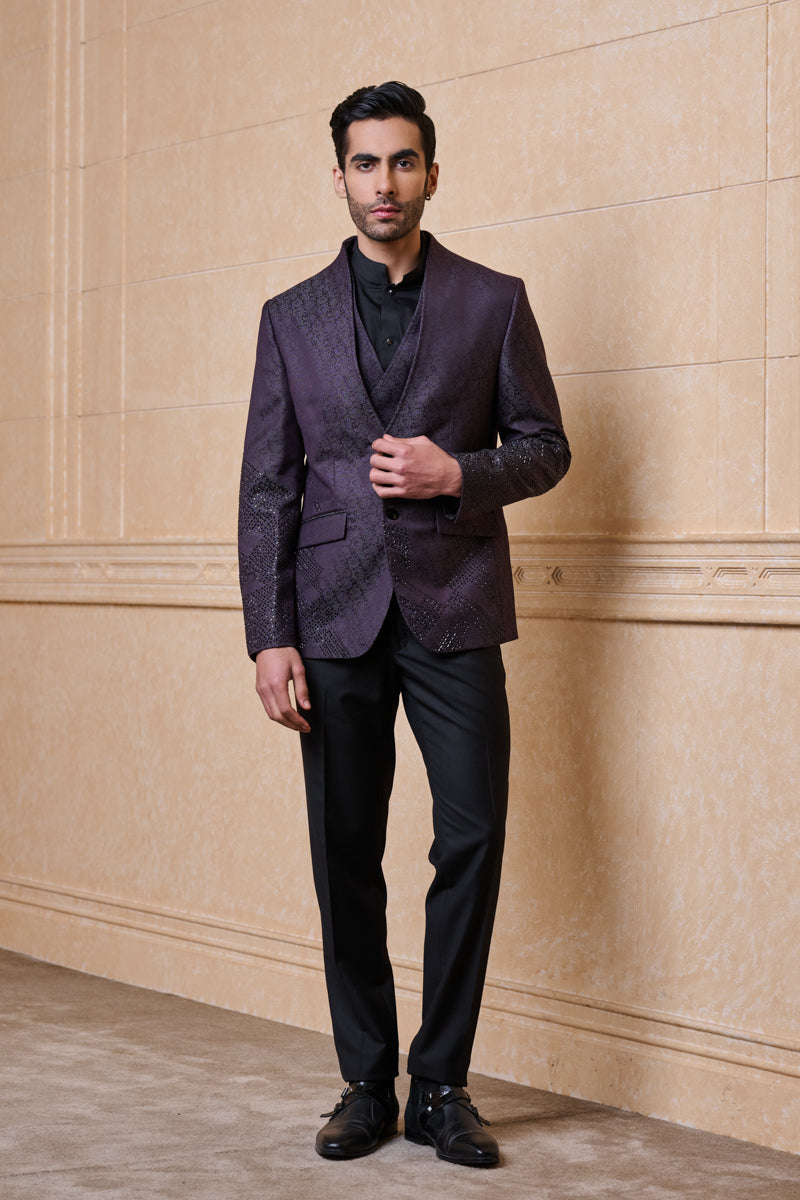 Wine Jacquard Embroidered Dinner Jacket Set