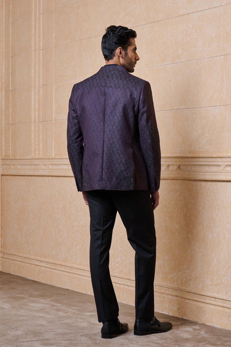 Wine Jacquard Embroidered Dinner Jacket Set