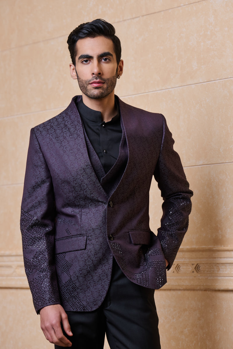 Wine Jacquard Embroidered Dinner Jacket Set