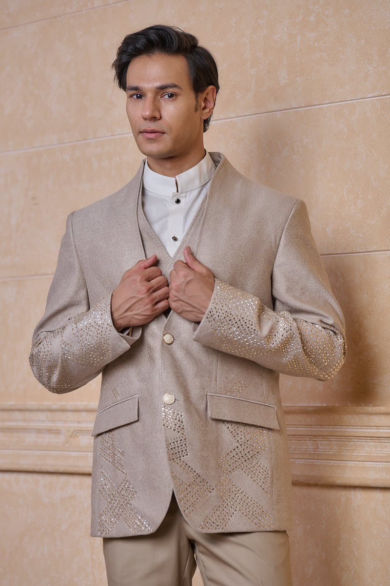 Beige Jacquard Dinner Jacket Set