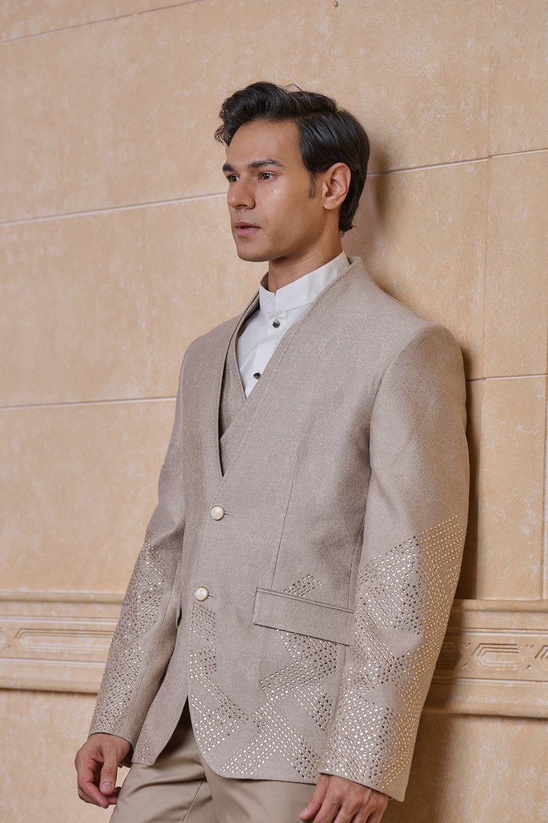 Beige Jacquard Dinner Jacket Set