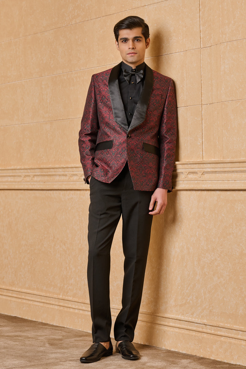 Wine Jacquard Dinner Jacket Set With Satin Lapel