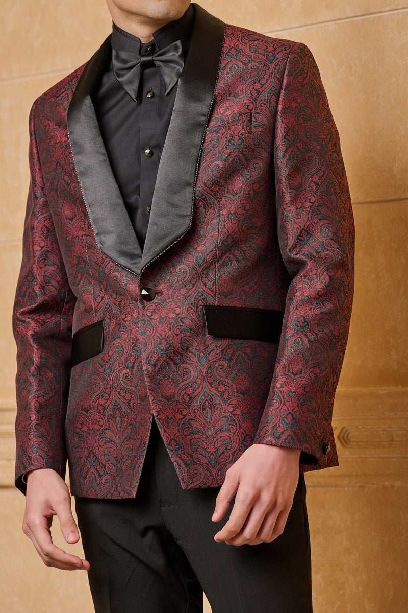 Wine Jacquard Dinner Jacket Set With Satin Lapel