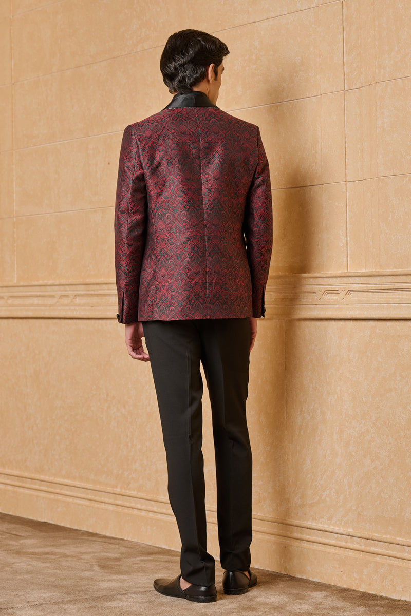 Wine Jacquard Dinner Jacket Set With Satin Lapel