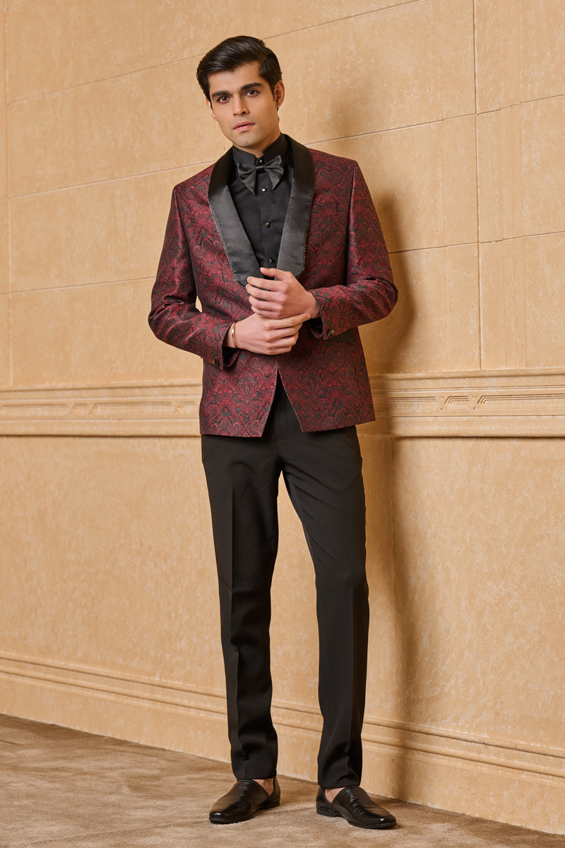 Wine Jacquard Dinner Jacket Set With Satin Lapel