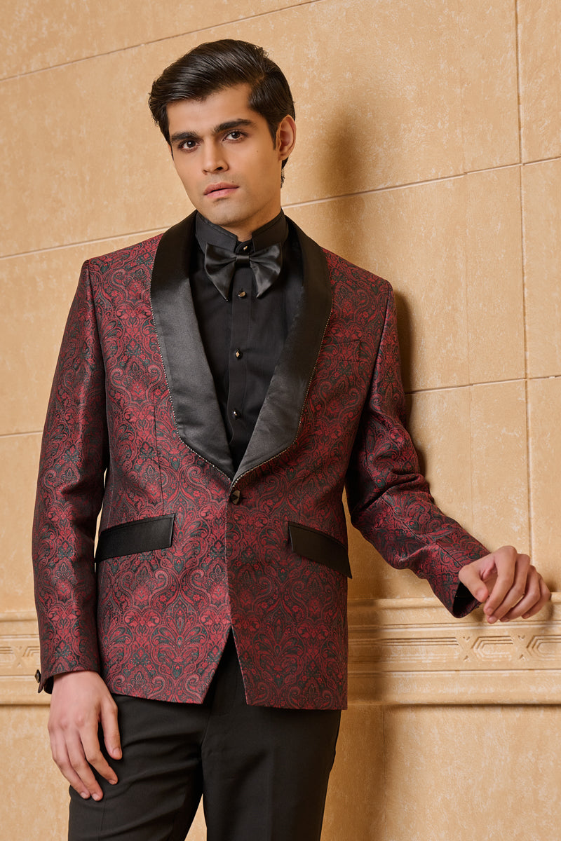 Wine Jacquard Dinner Jacket Set With Satin Lapel