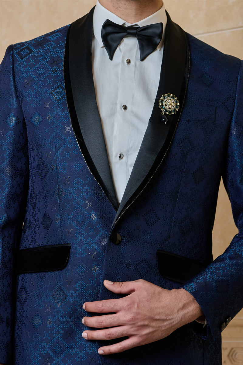 Navy Jacquard Dinner Jacket Set With Shawl Lapel