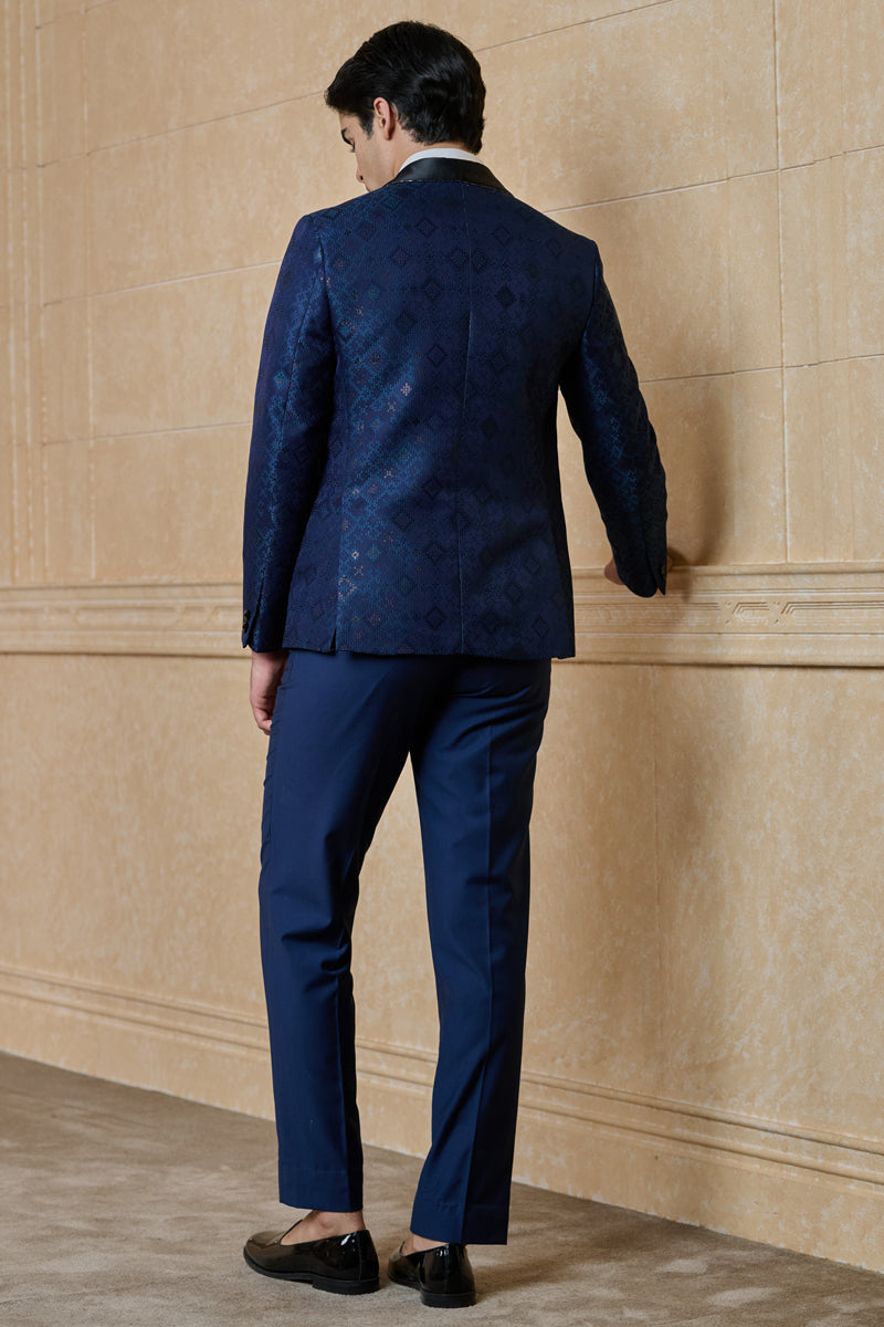 Navy Jacquard Dinner Jacket Set With Shawl Lapel