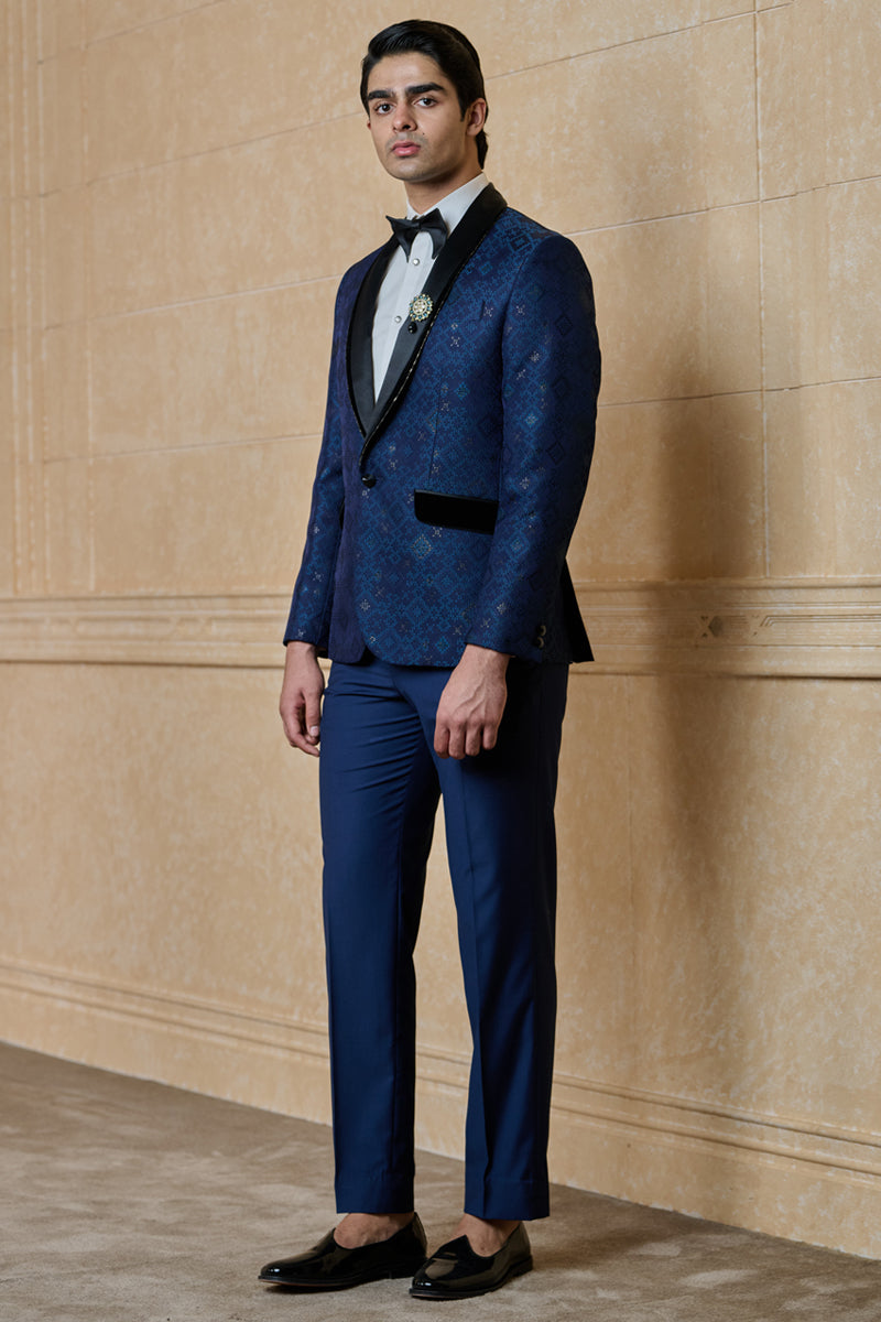 Navy Jacquard Dinner Jacket Set With Shawl Lapel