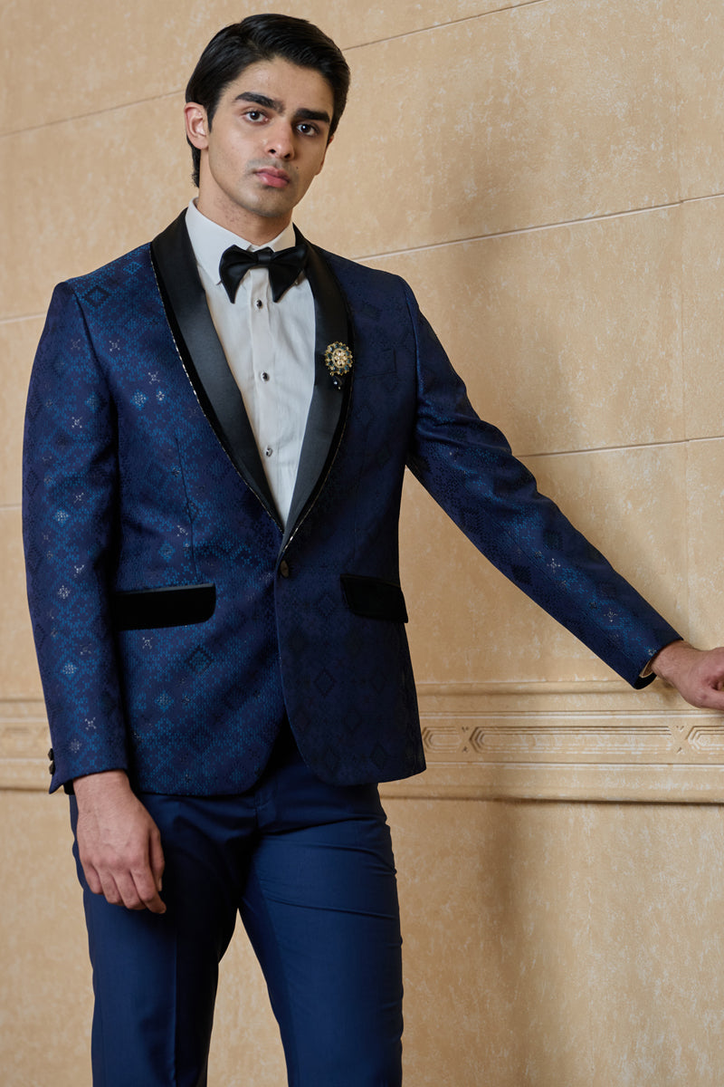 Navy Jacquard Dinner Jacket Set With Shawl Lapel