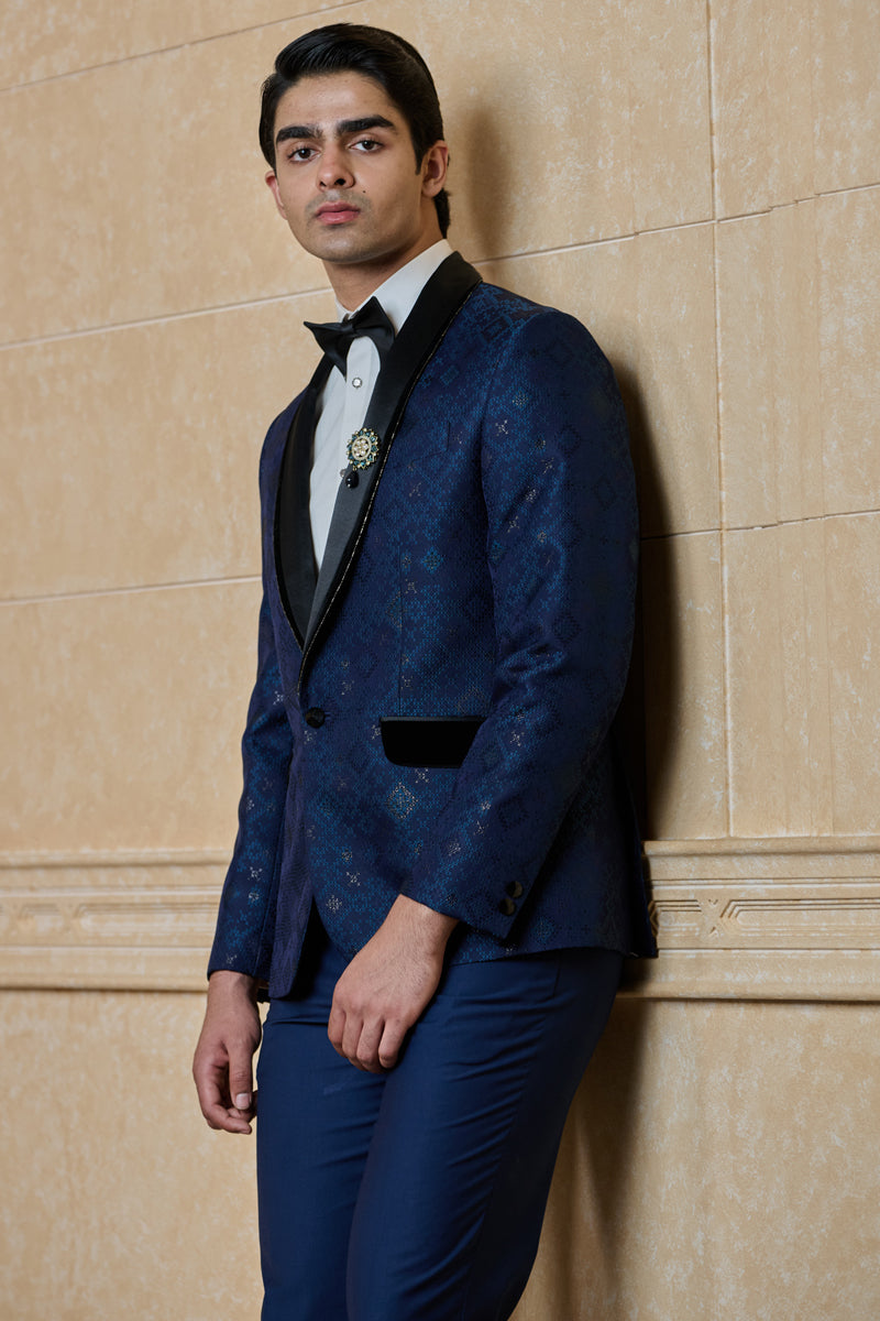 Navy Jacquard Dinner Jacket Set With Shawl Lapel