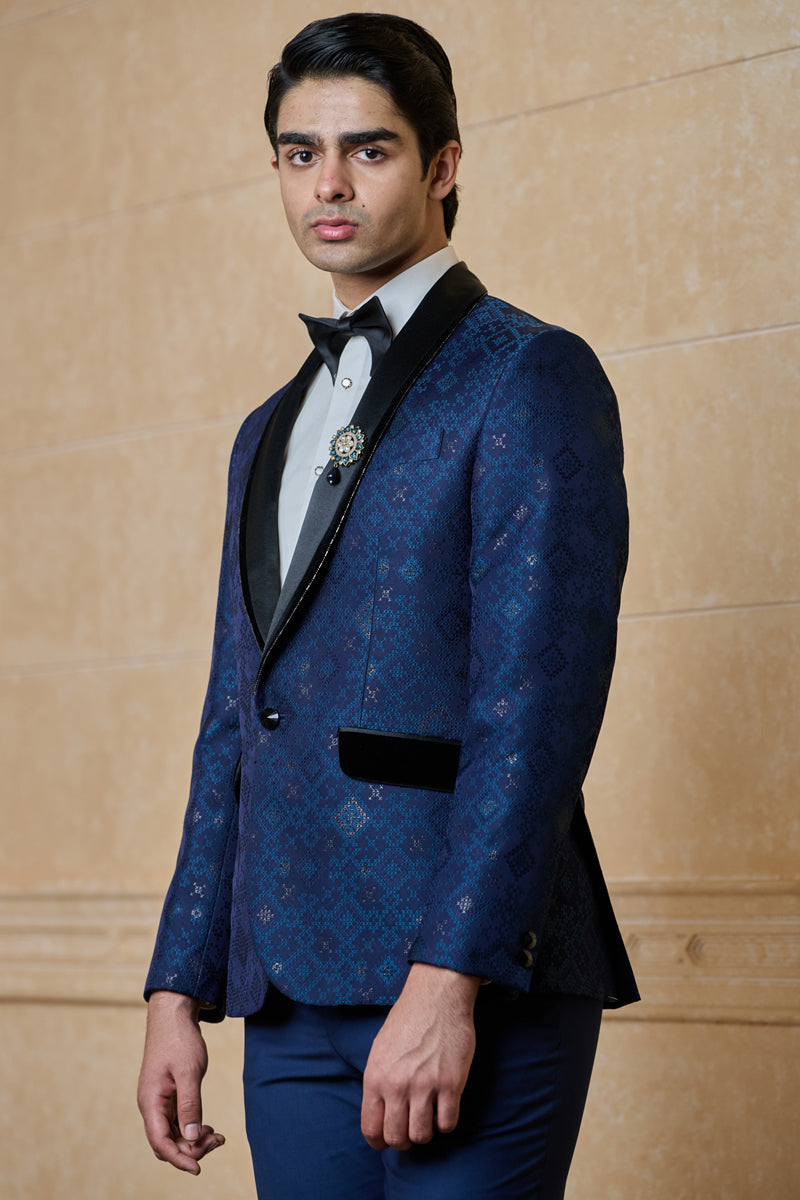 Navy Jacquard Dinner Jacket Set With Shawl Lapel