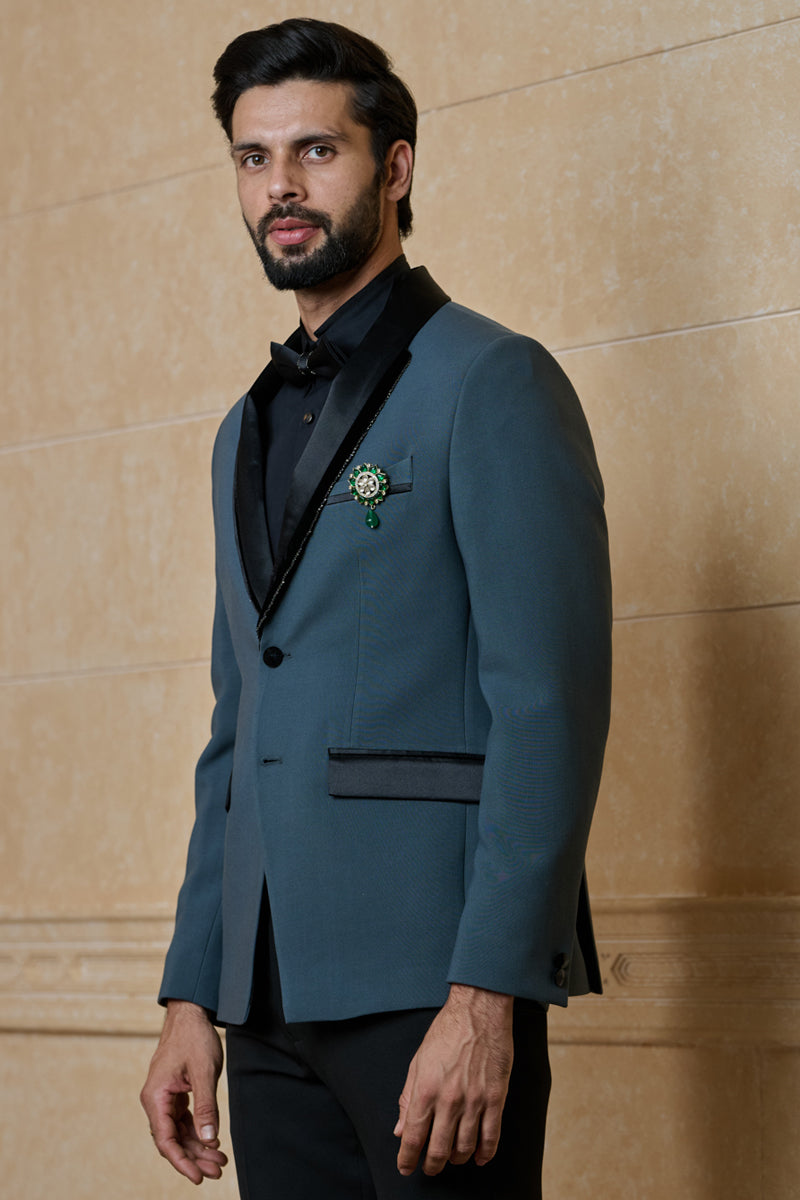 Dark Teal Dinner Jacket Set With Shawl Lapel