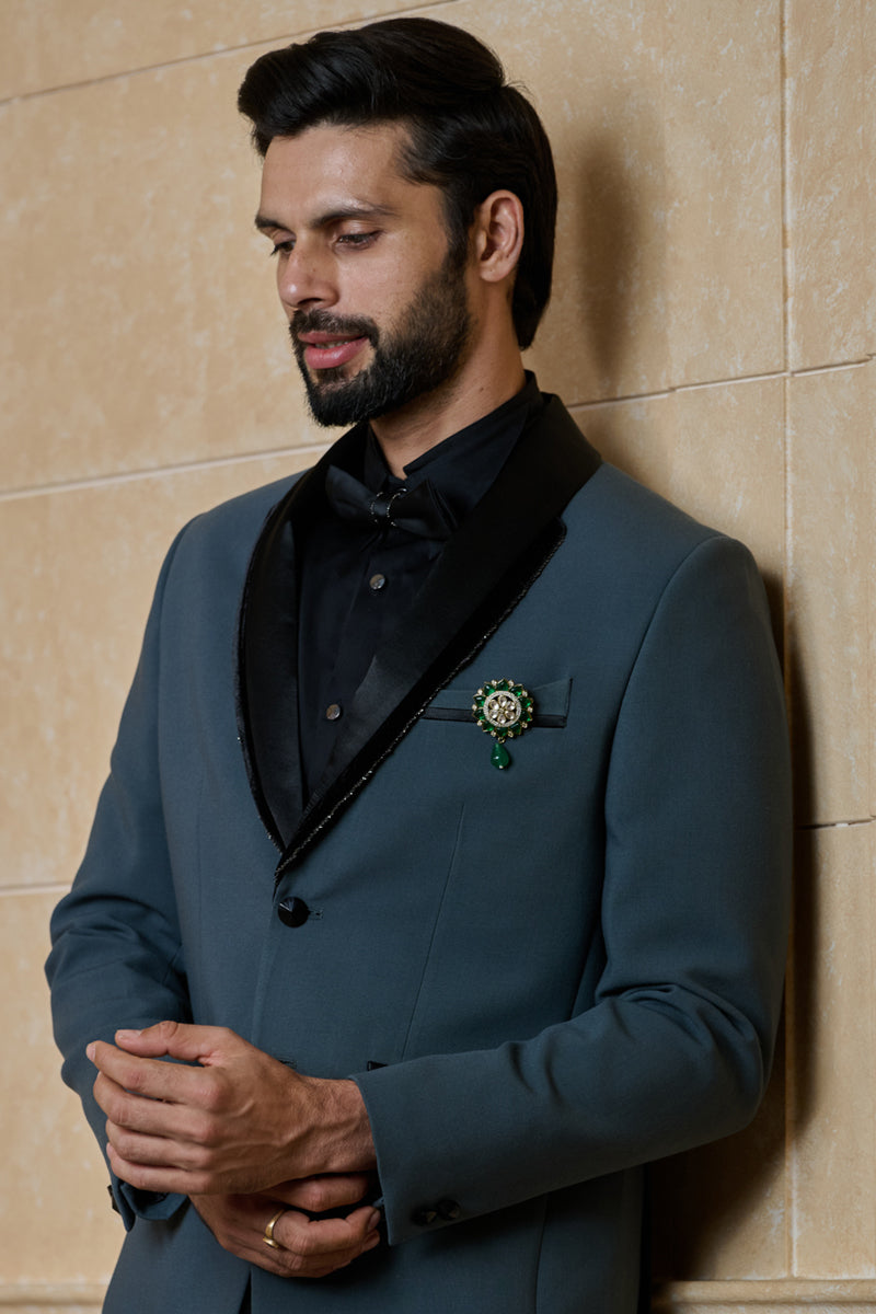 Dark Teal Dinner Jacket Set With Shawl Lapel