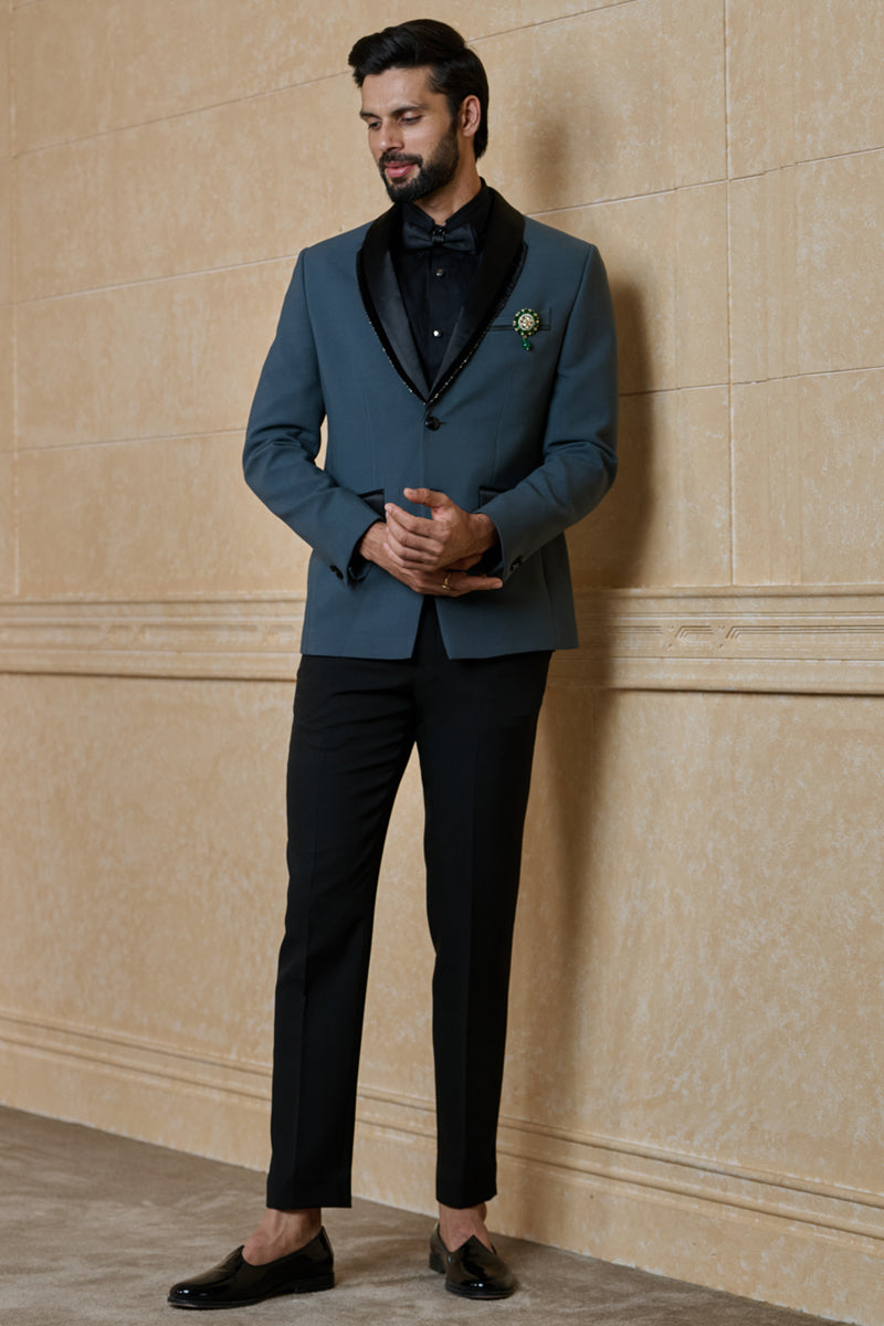 Dark Teal Dinner Jacket Set With Shawl Lapel