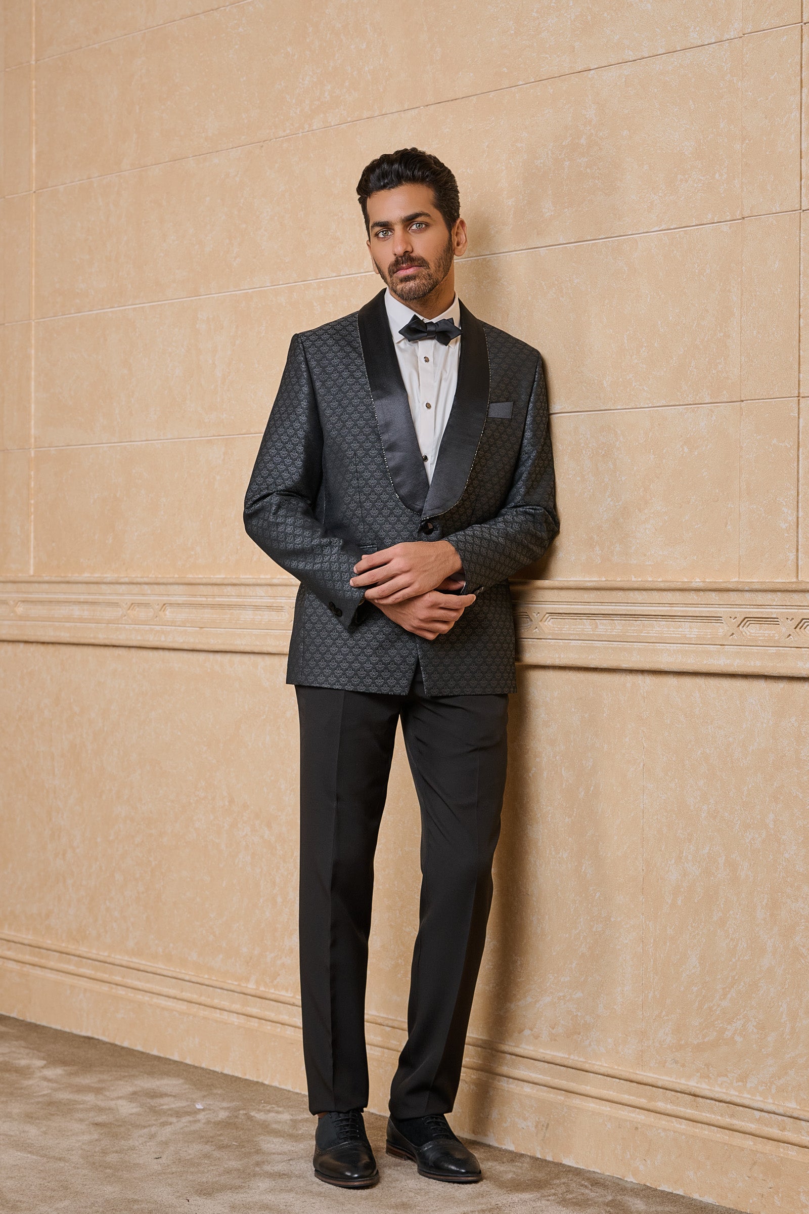 Black Jacquard Dinner Jacket With Satin Lapel