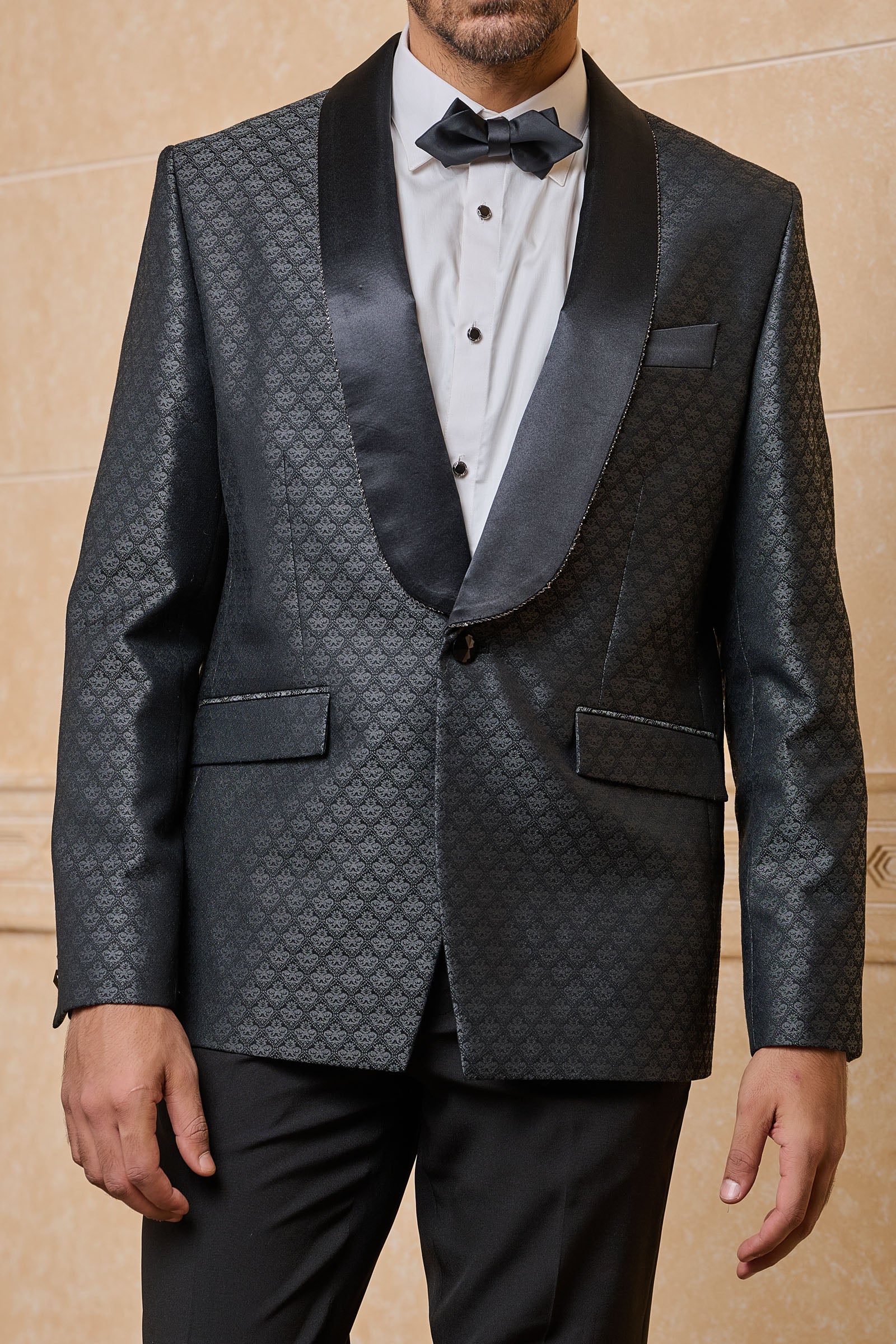 Black Jacquard Dinner Jacket With Satin Lapel