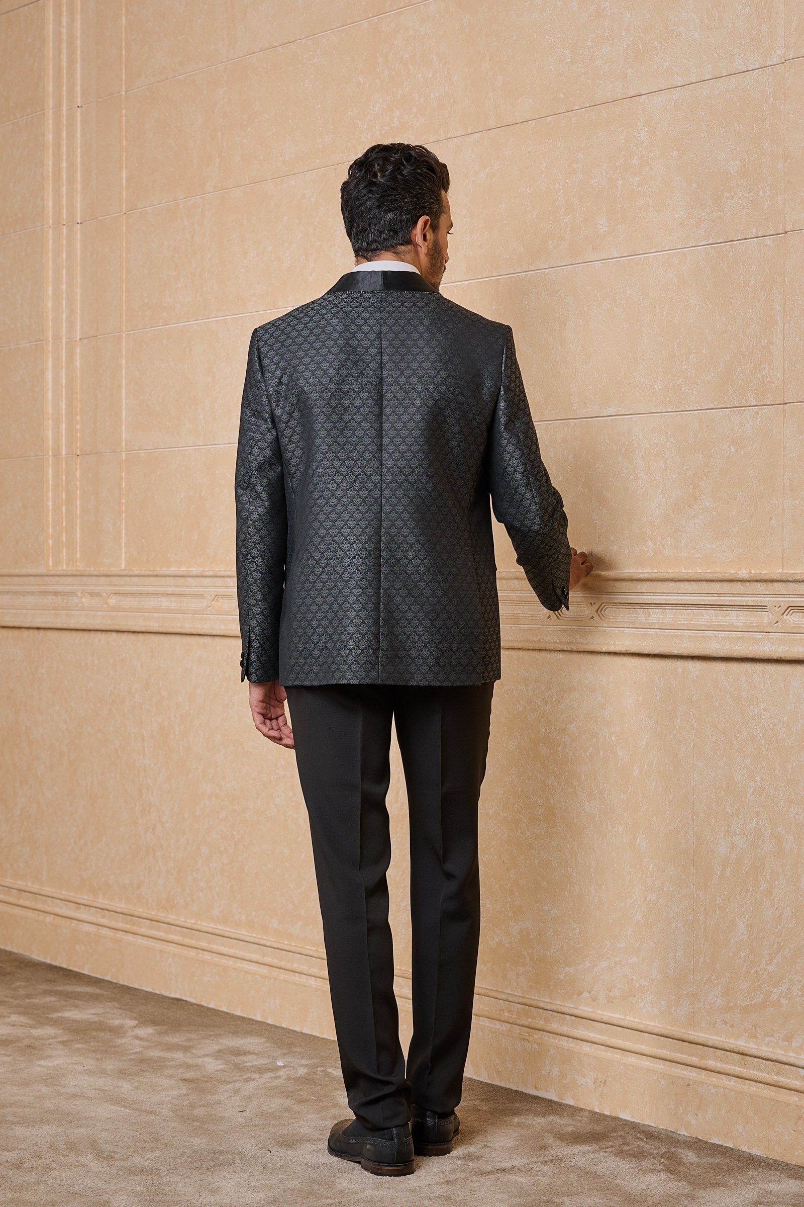 Black Jacquard Dinner Jacket With Satin Lapel