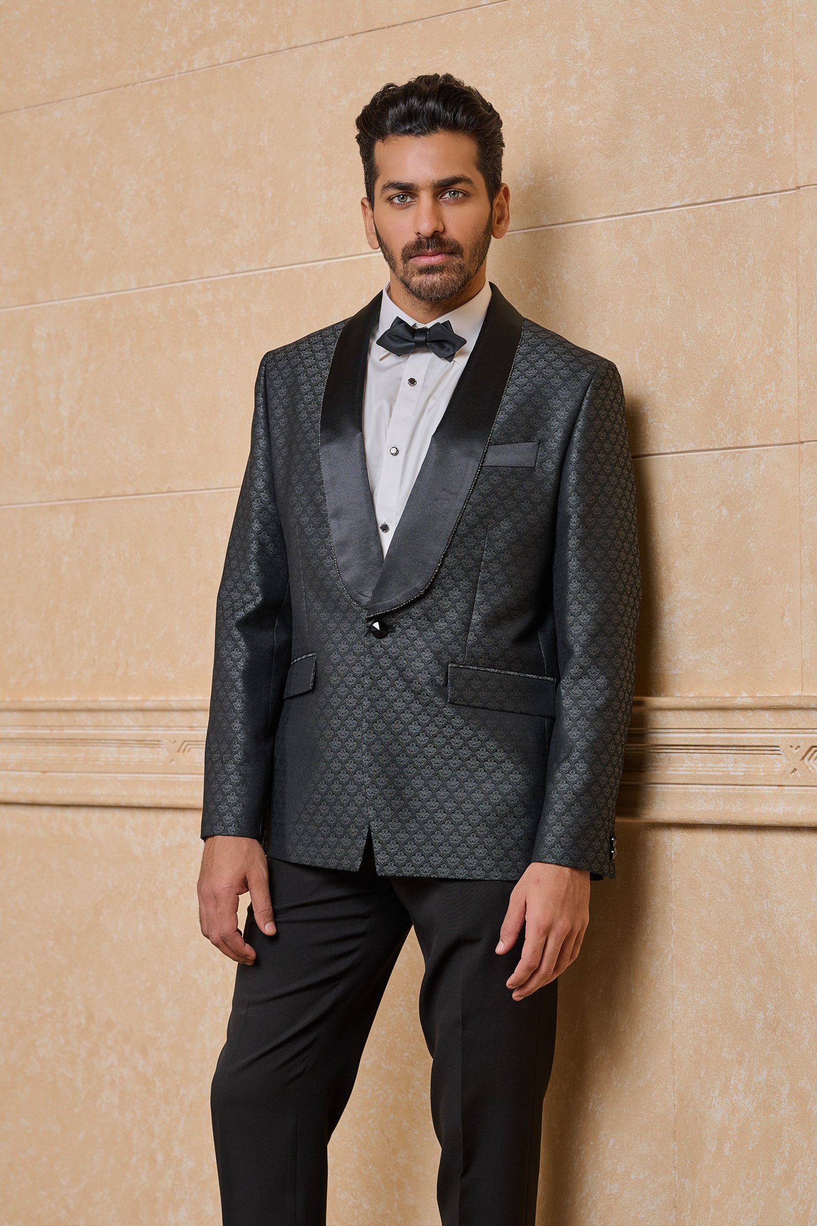 Black Jacquard Dinner Jacket With Satin Lapel