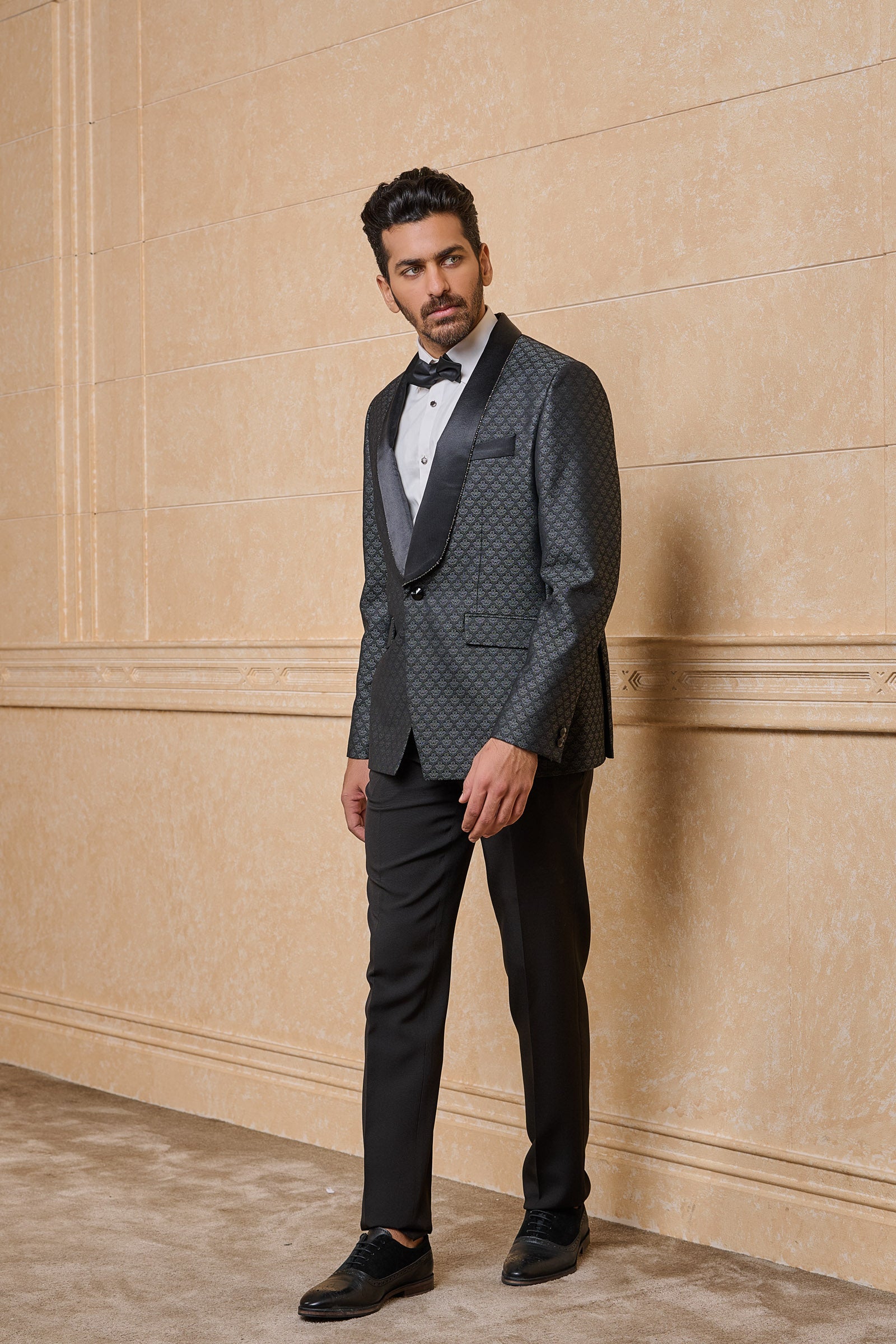 Black Jacquard Dinner Jacket With Satin Lapel