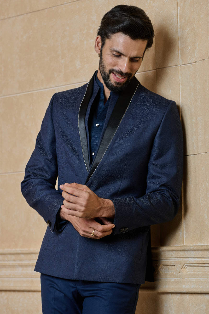 Navy Jacquard Dinner Jacket With Stylised Neck