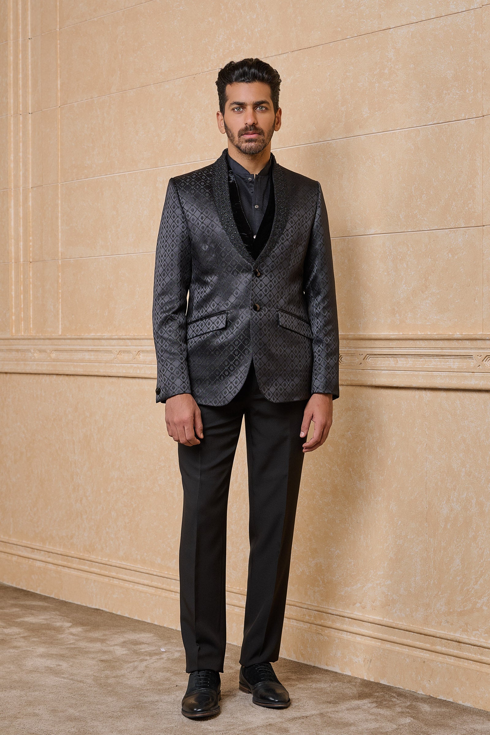 Black Jacquard Dinner Jacket With Embroidered Lapel