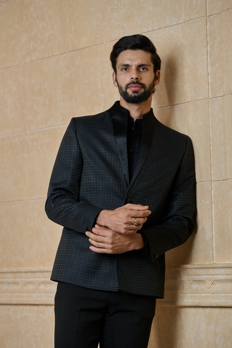 Navy Jacquard Dinner Jacket With Lace Detailing